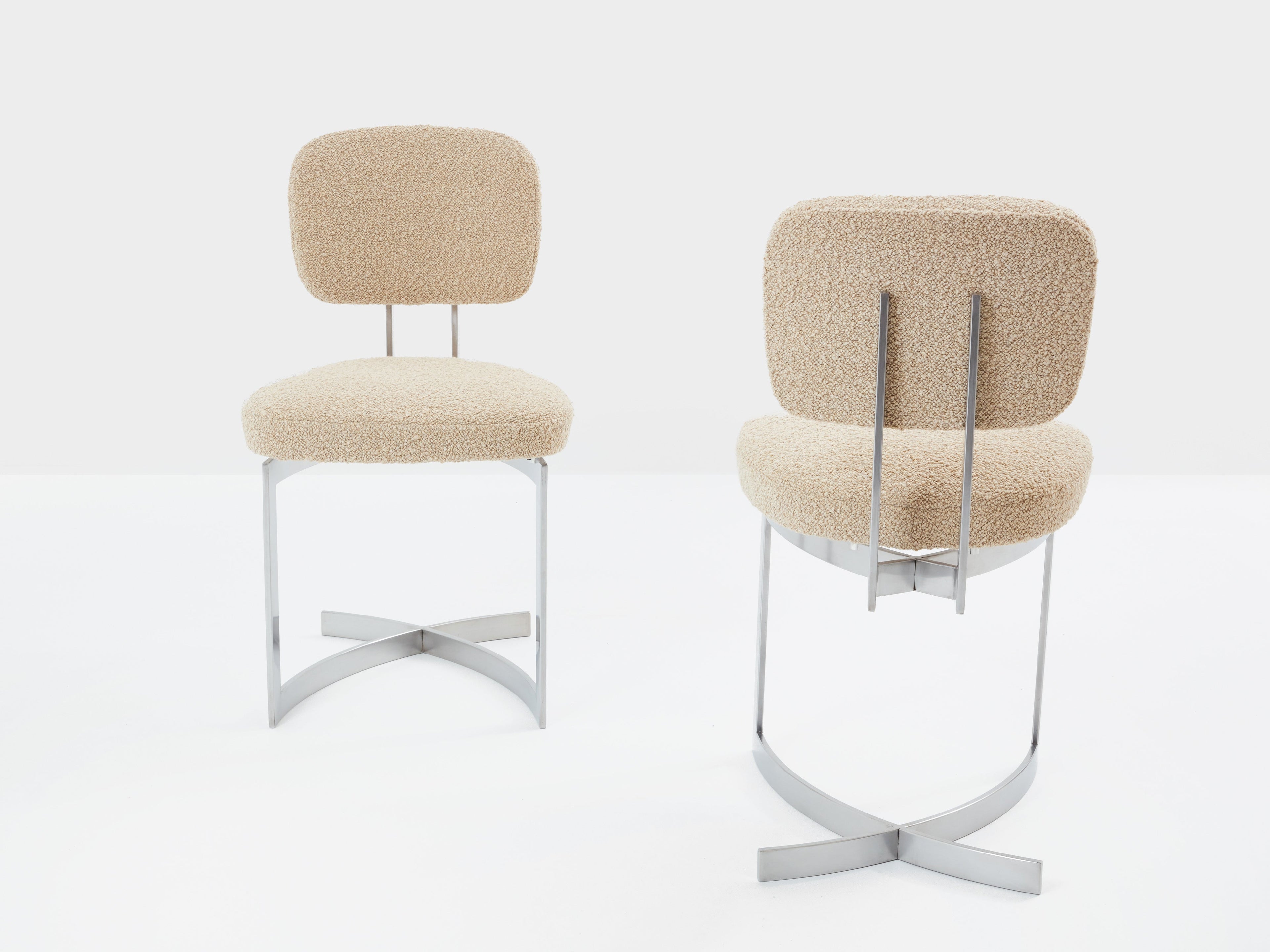 Paul Legeard set of twelve chairs stainless steel wool bouclé 1970