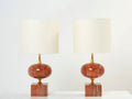 Pair of large French red travertine brass table lamps Philippe Barbier 1970s