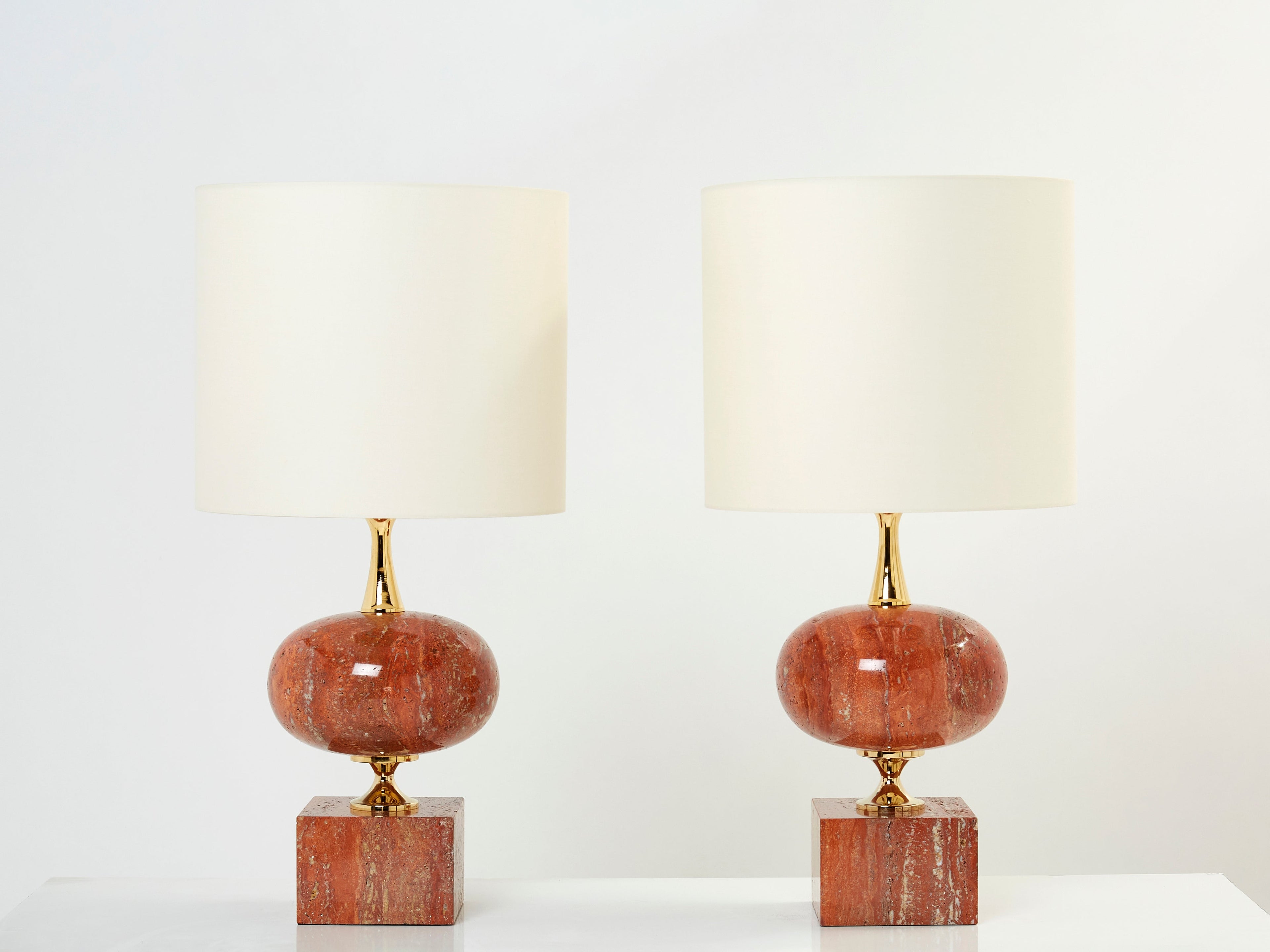 Pair of large French red travertine brass table lamps Philippe Barbier 1970s