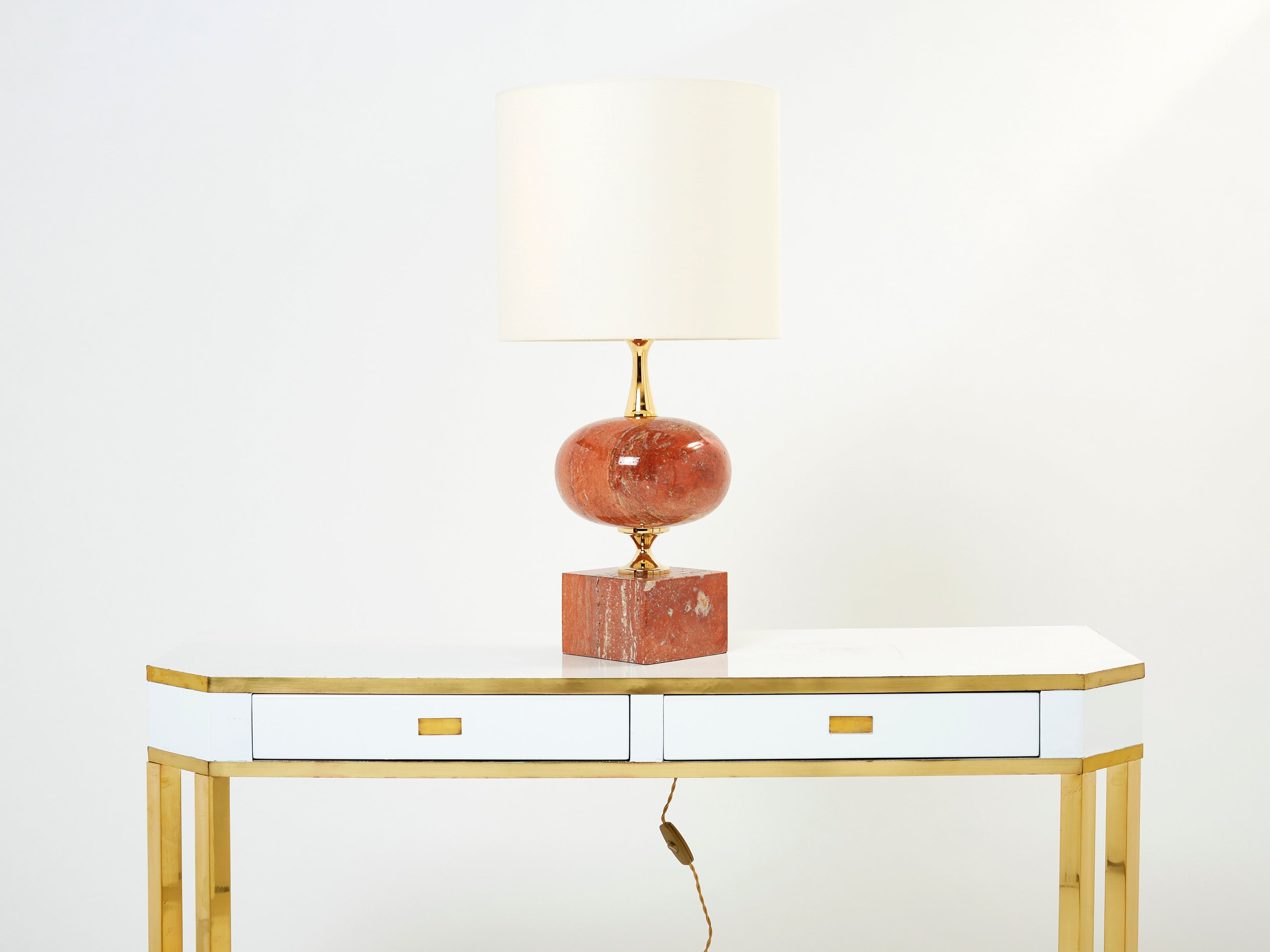 Pair of large French red travertine brass table lamps Philippe Barbier 1970s