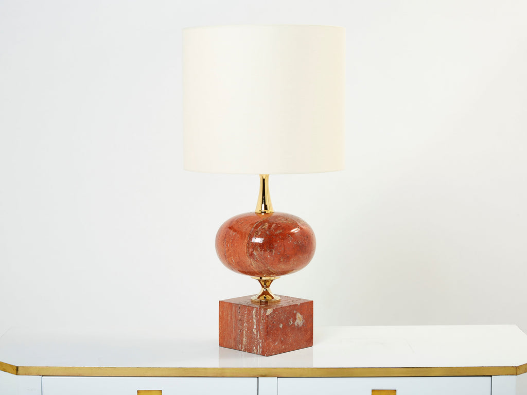 Pair of large French red travertine brass table lamps Philippe Barbier 1970s