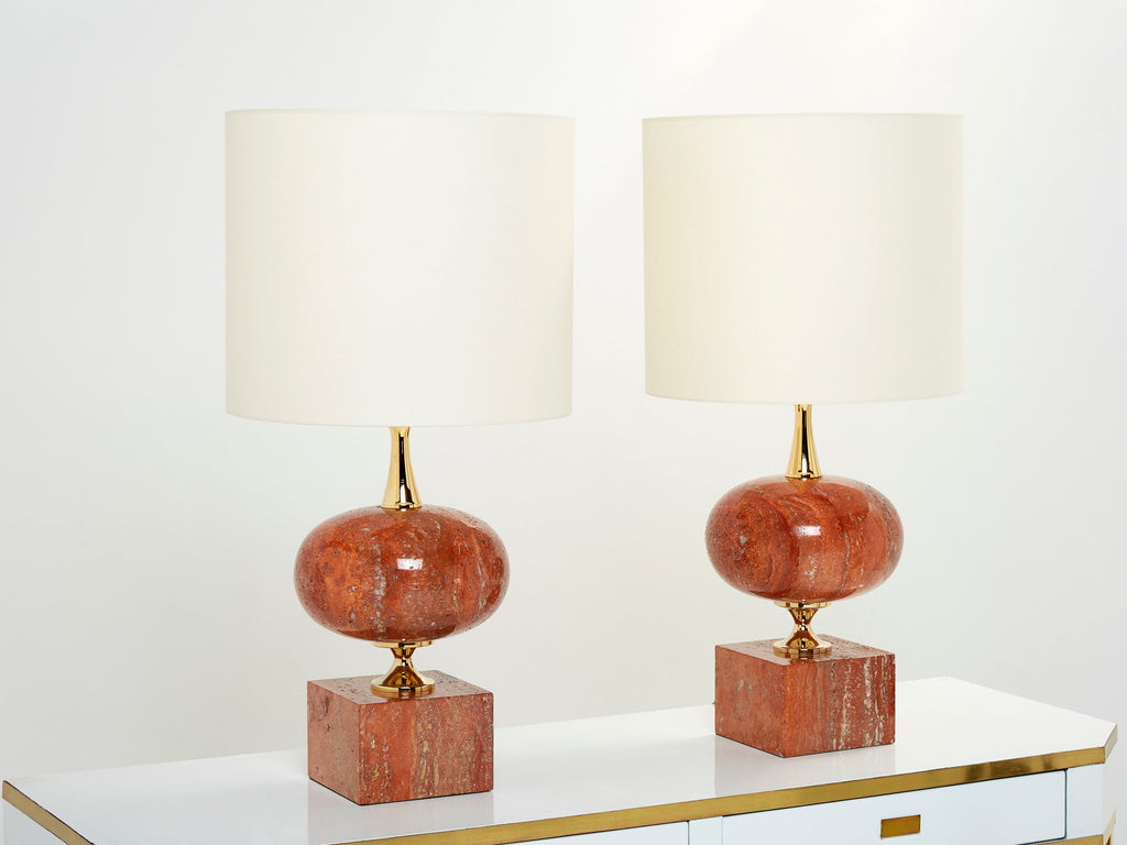 Pair of large French red travertine brass table lamps Philippe Barbier 1970s