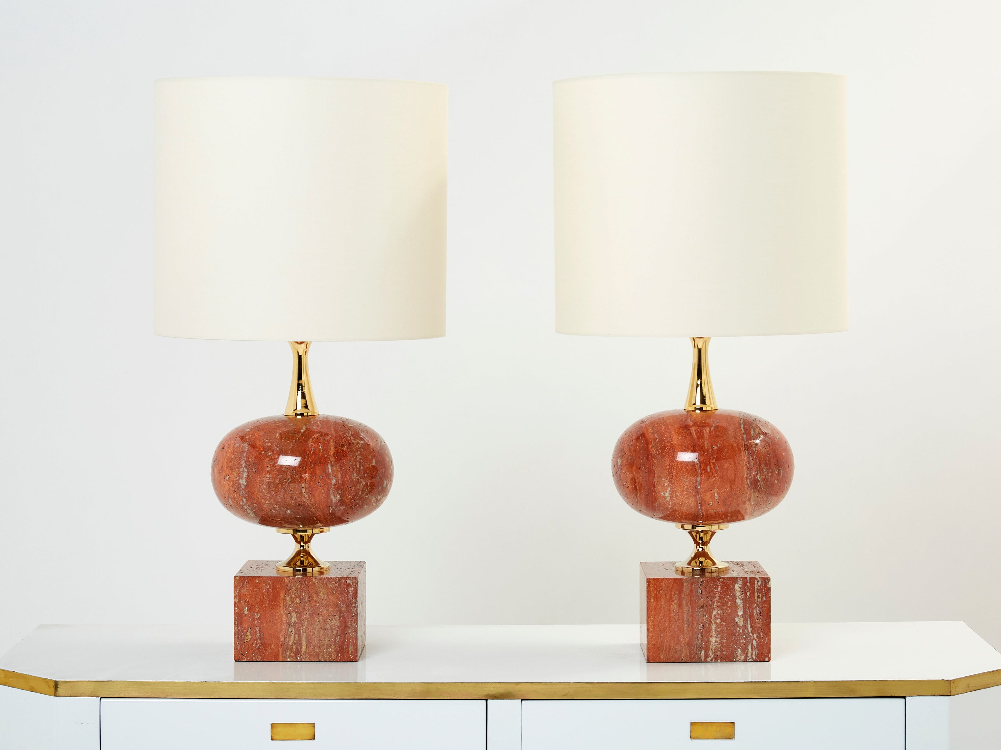 Pair of large French red travertine brass table lamps Philippe Barbier 1970s