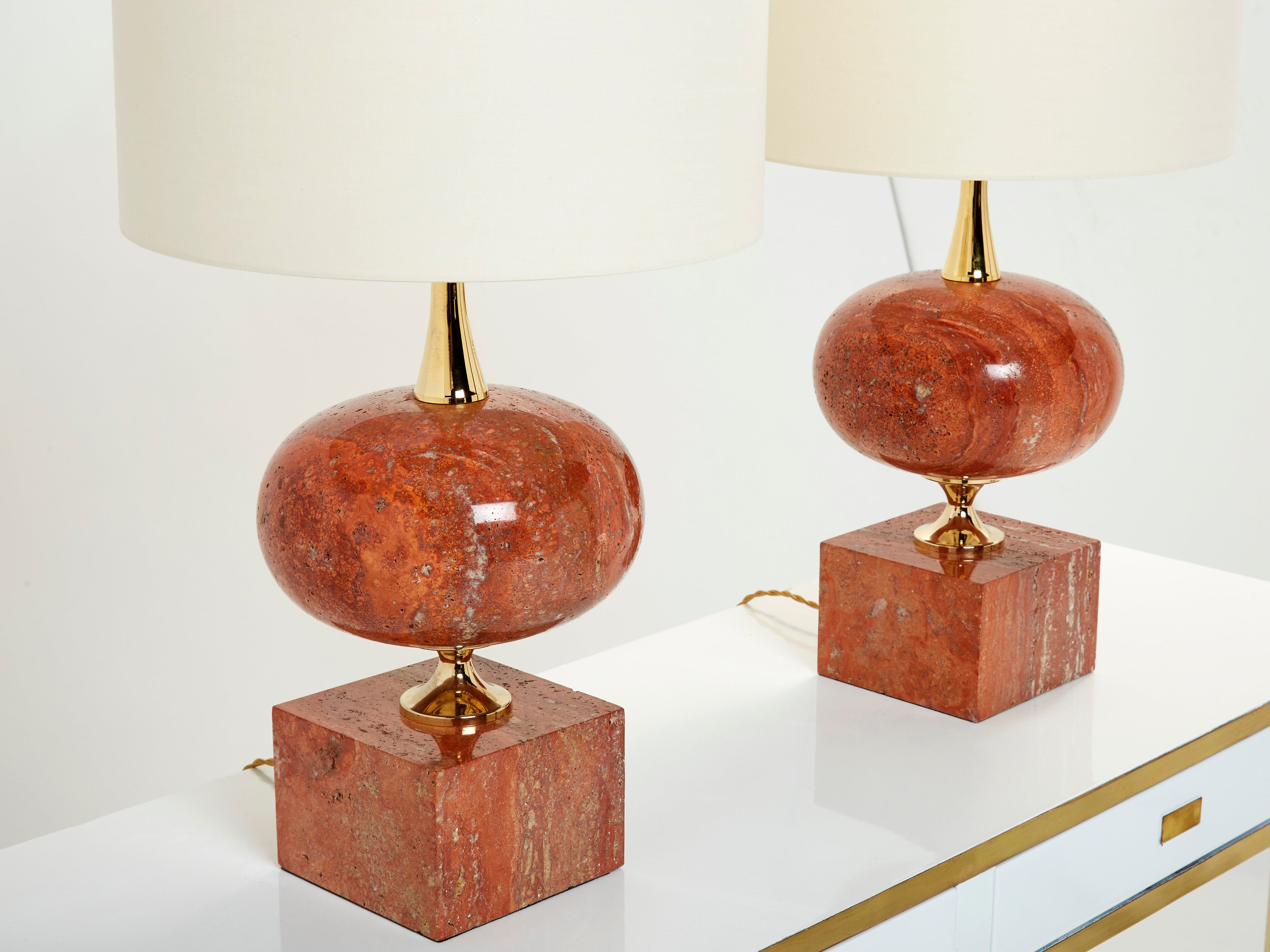 Pair of large French red travertine brass table lamps Philippe Barbier 1970s
