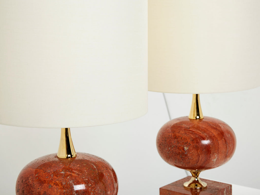 Pair of large French red travertine brass table lamps Philippe Barbier 1970s