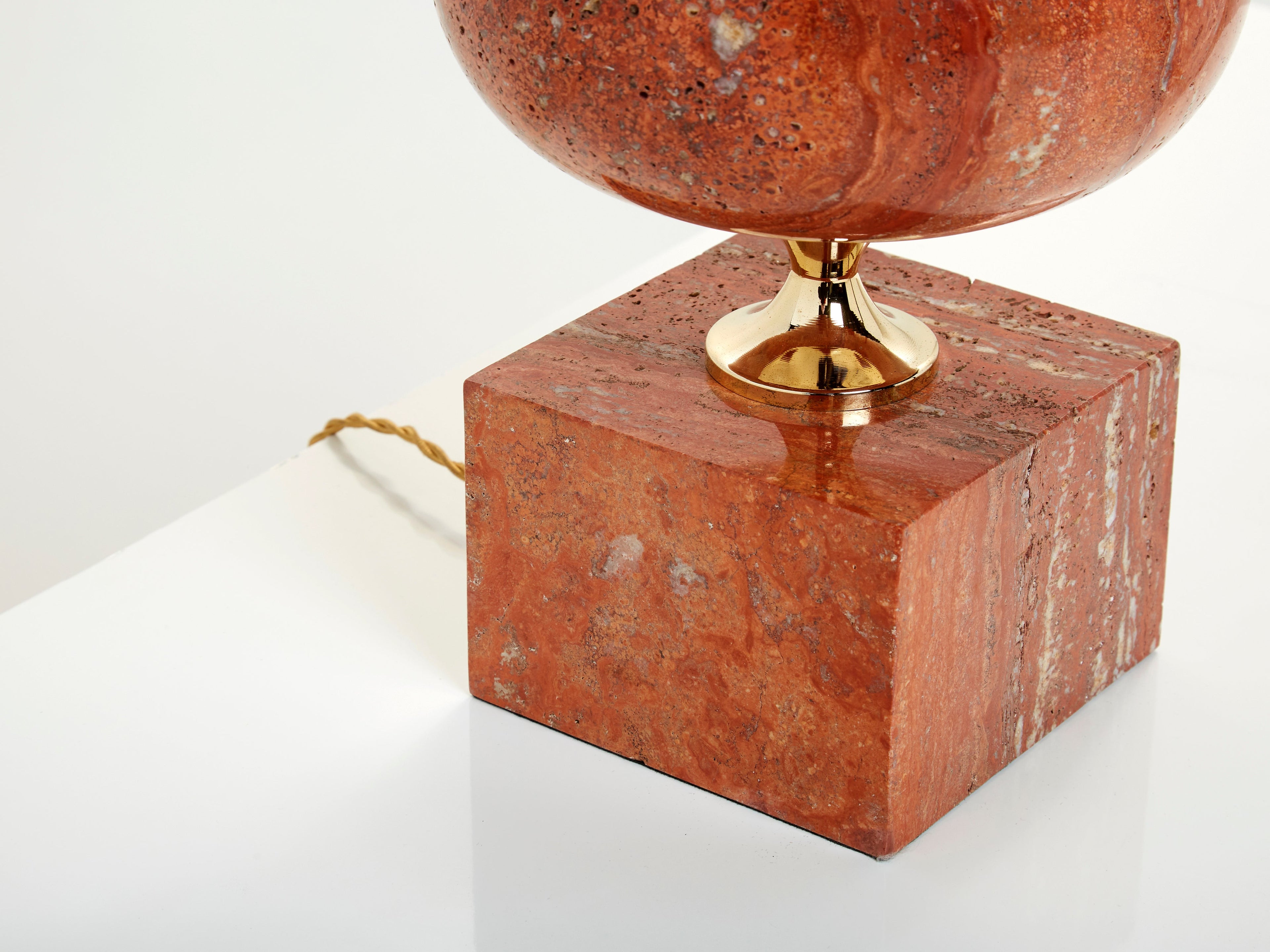 Pair of large French red travertine brass table lamps Philippe Barbier 1970s