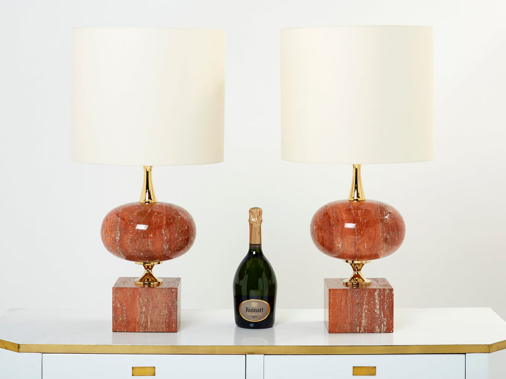 Pair of large French red travertine brass table lamps Philippe Barbier 1970s