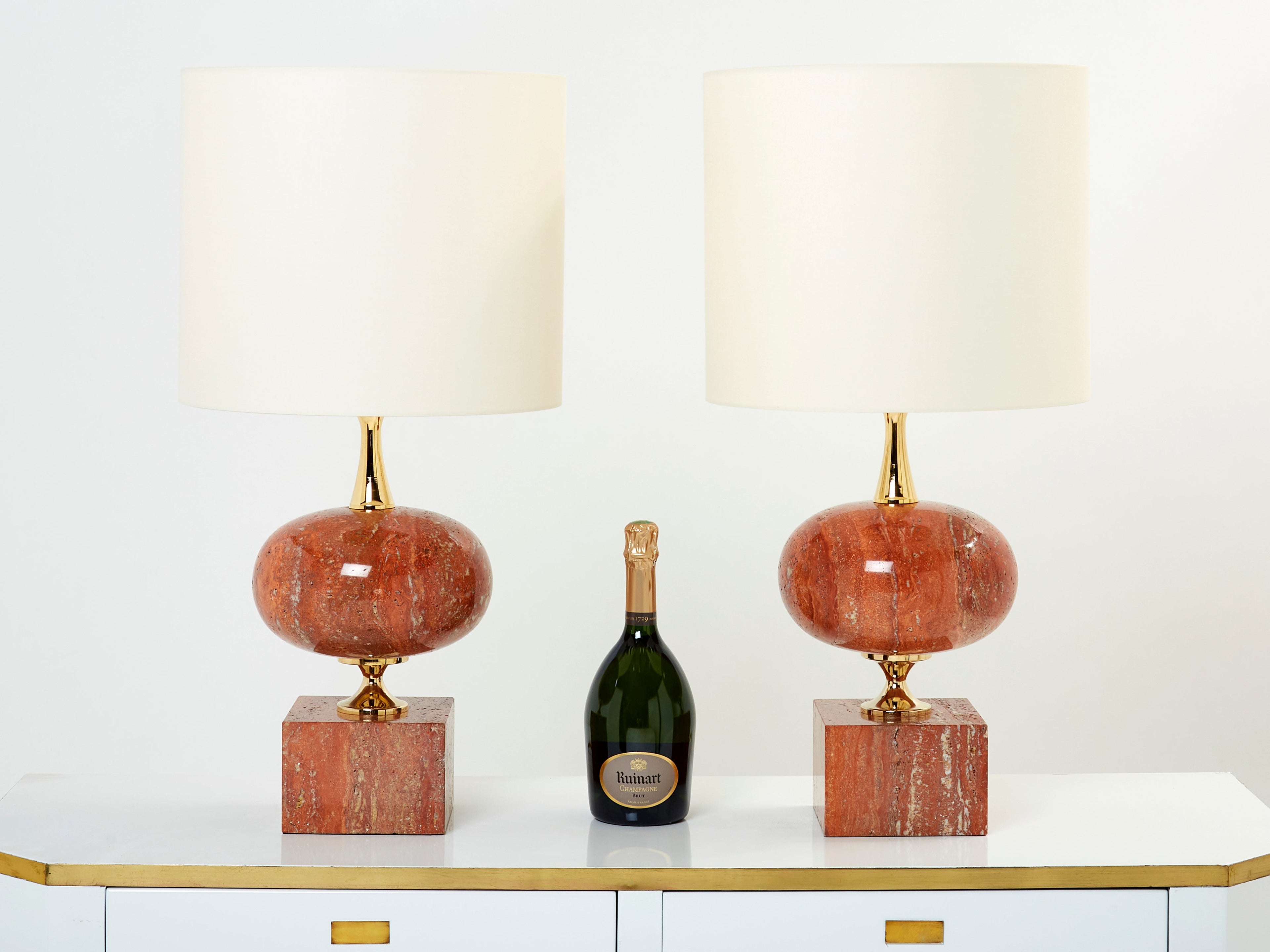 Pair of large French red travertine brass table lamps Philippe Barbier 1970s