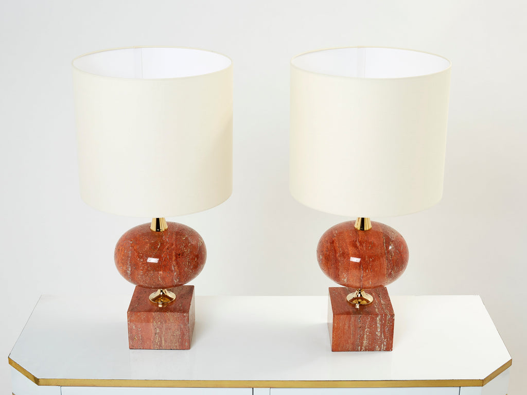 Pair of large French red travertine brass table lamps Philippe Barbier 1970s