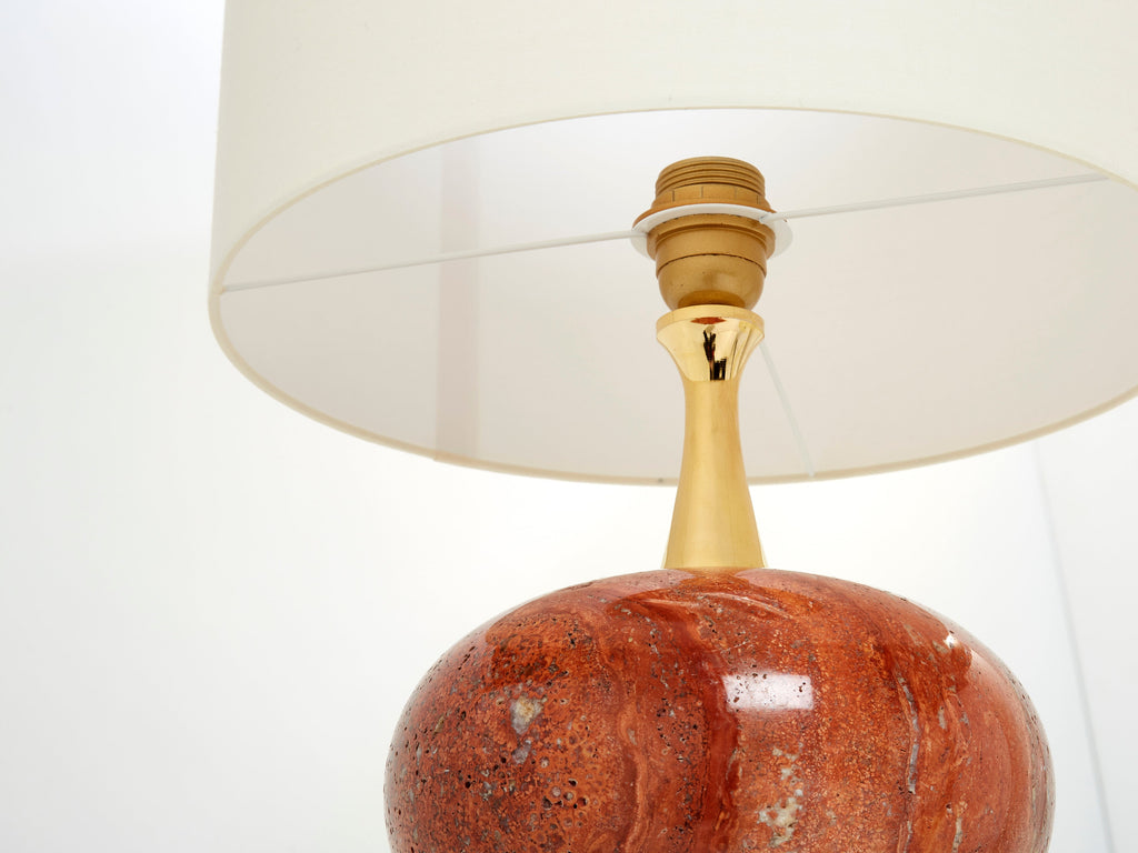Pair of large French red travertine brass table lamps Philippe Barbier 1970s