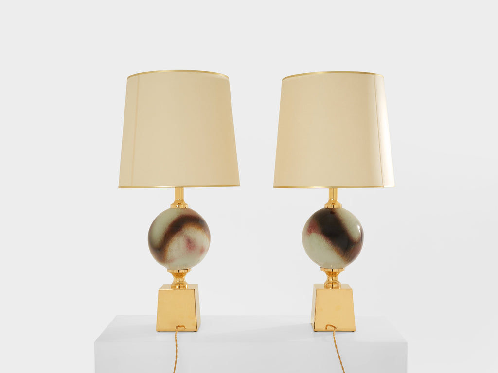 Philippe Barbier pair of large ceramic and brass table lamps 1970s