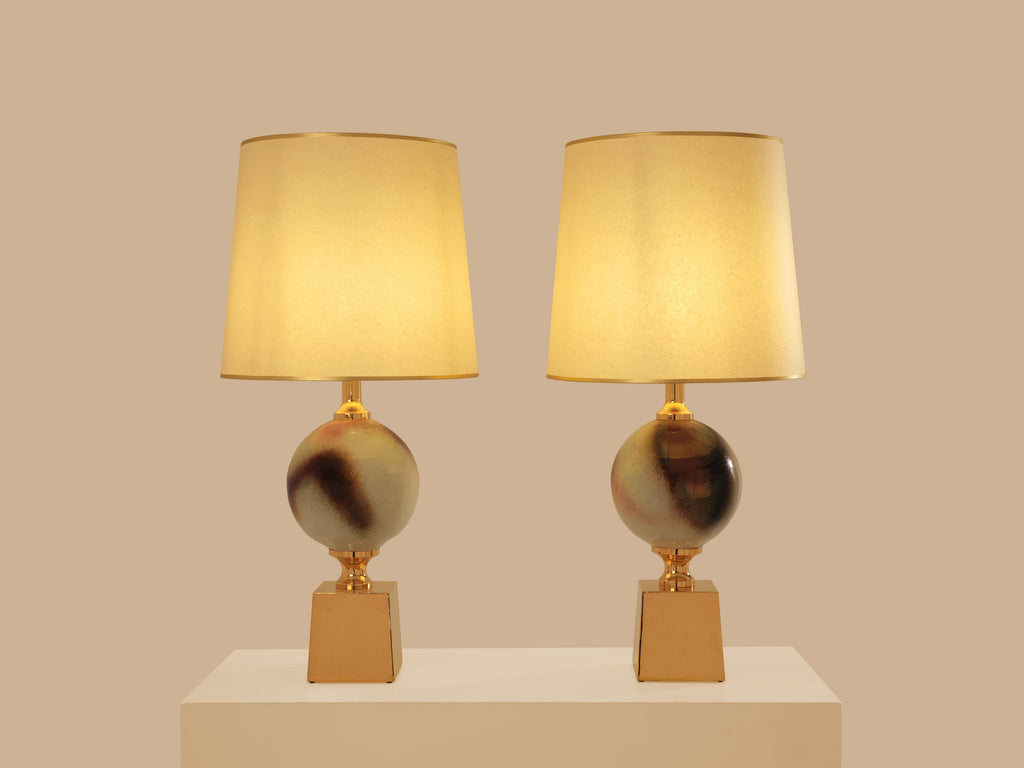 Philippe Barbier pair of large ceramic and brass table lamps 1970s