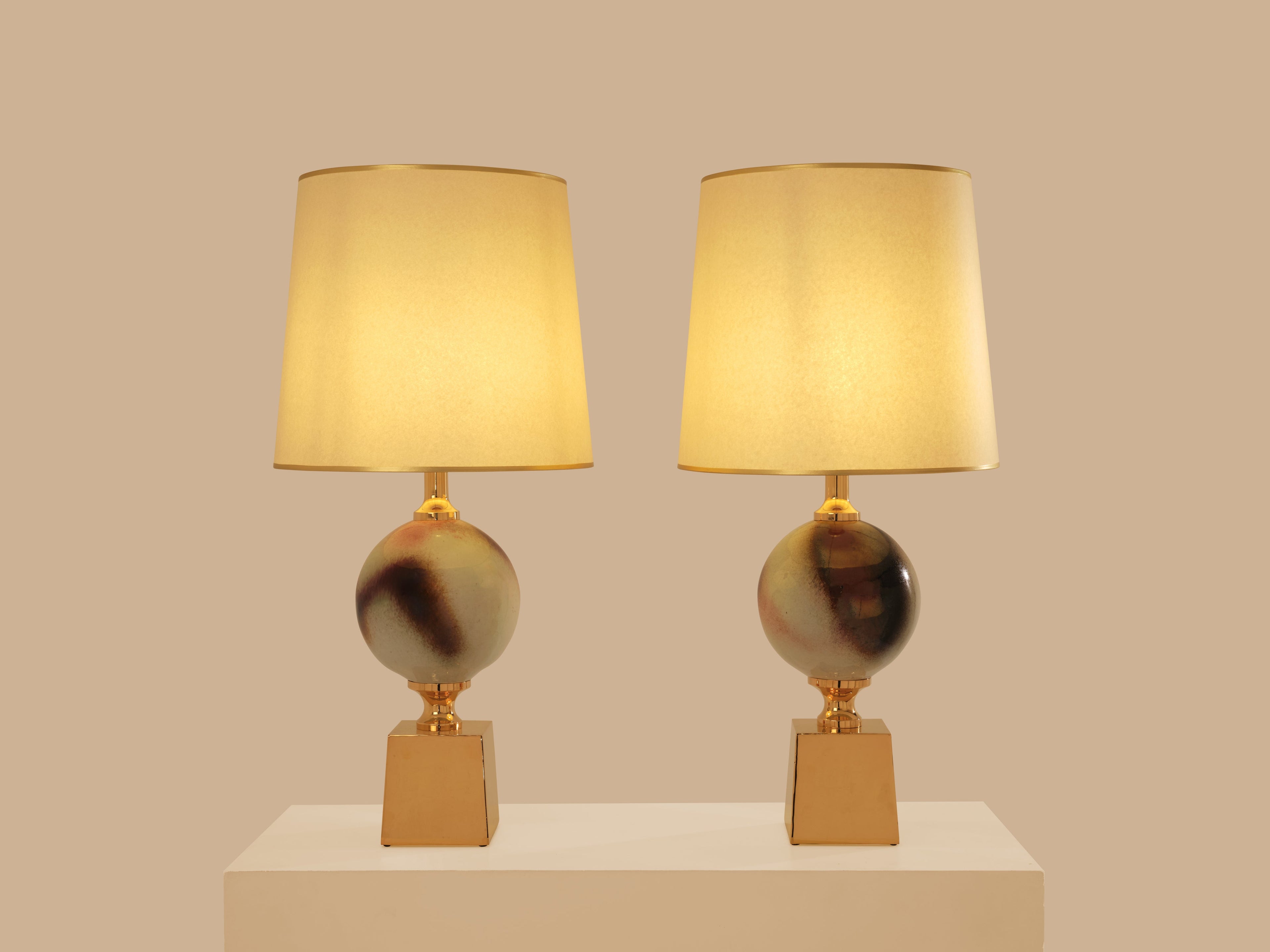 Philippe Barbier pair of large ceramic and brass table lamps 1970s