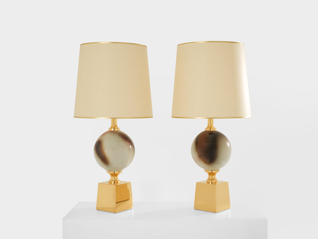 Philippe Barbier pair of large ceramic and brass table lamps 1970s