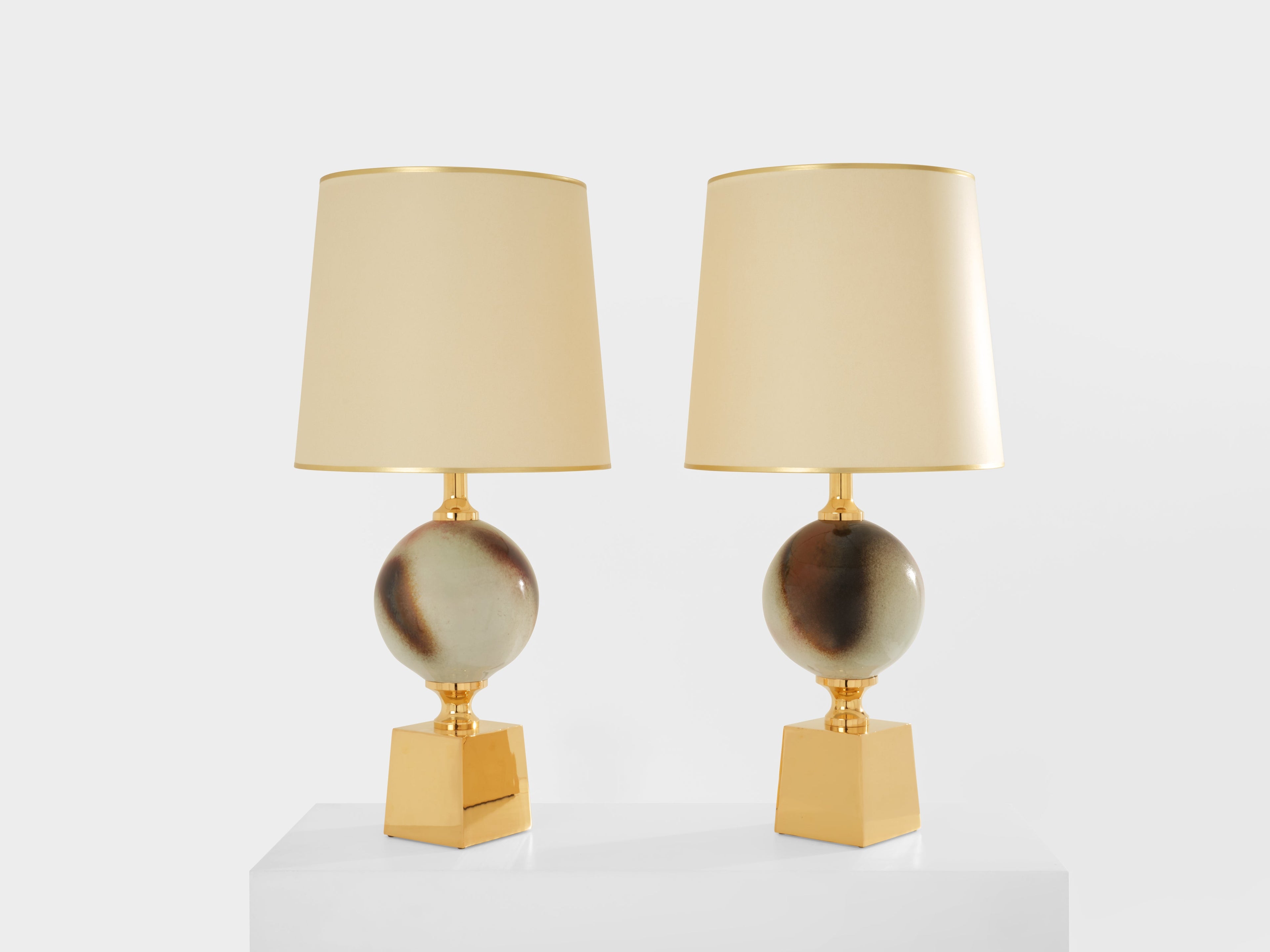 Philippe Barbier pair of large ceramic and brass table lamps 1970s