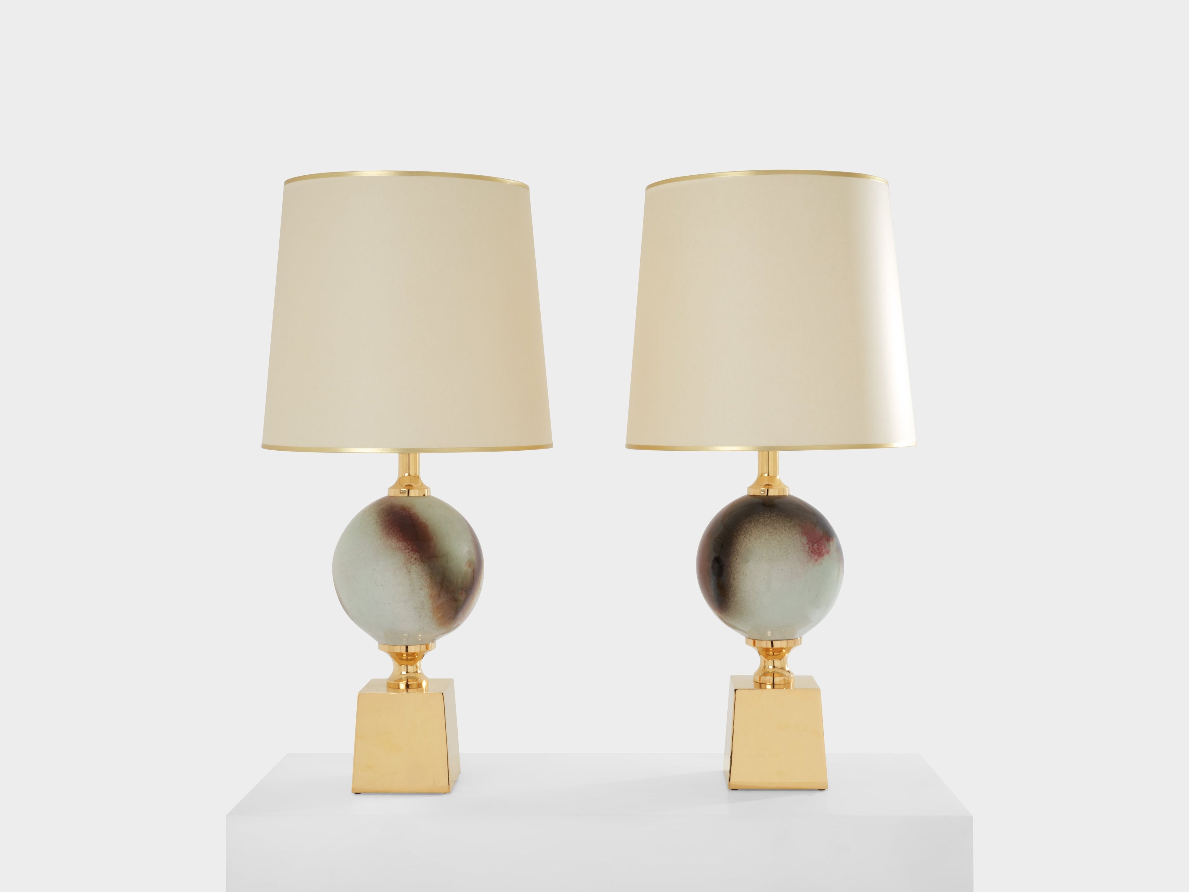 Philippe Barbier pair of large ceramic and brass table lamps 1970s