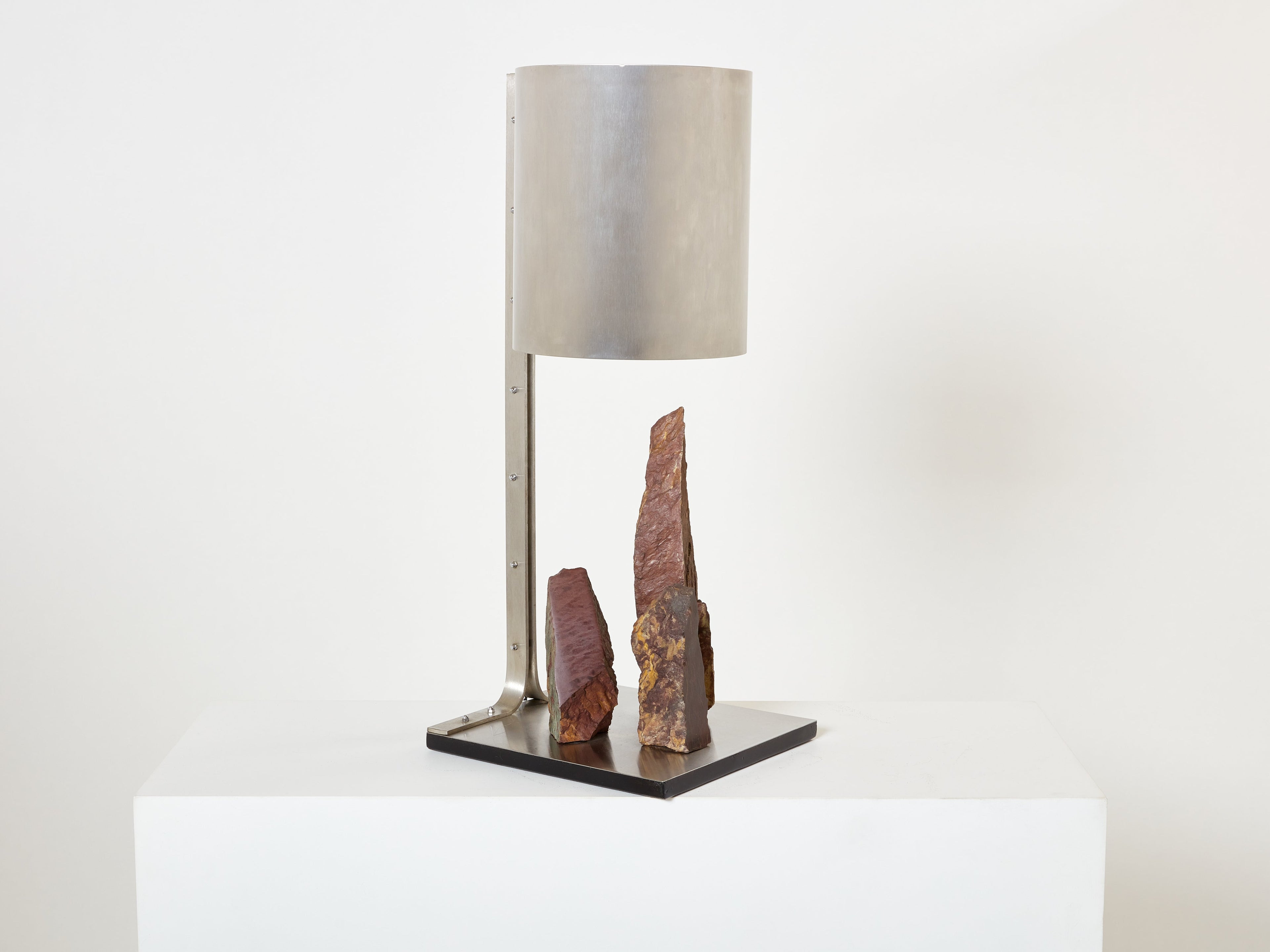 Phillipe Jean brutalist table lamp steel and red shale 1970s