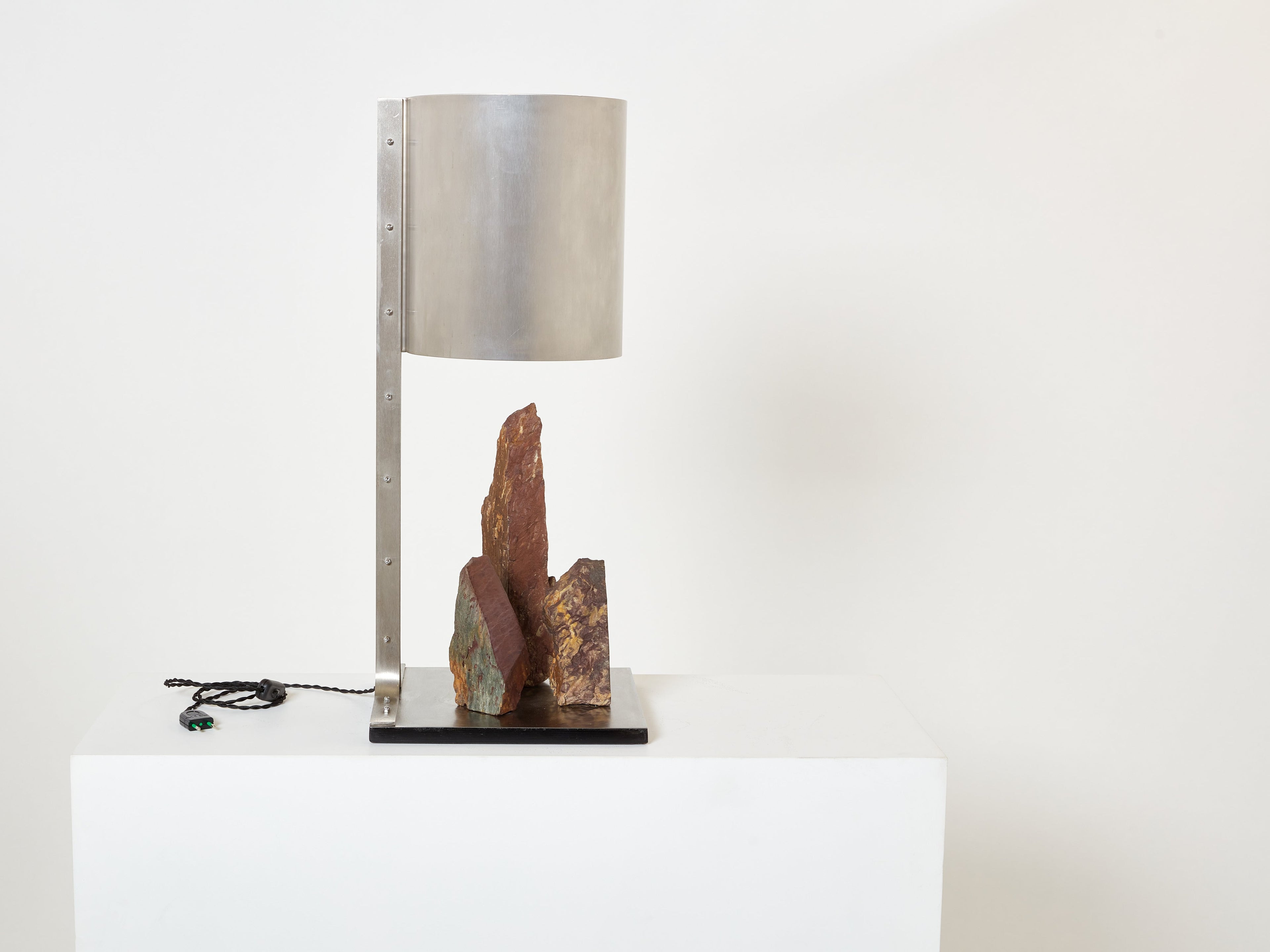 Phillipe Jean brutalist table lamp steel and red shale 1970s