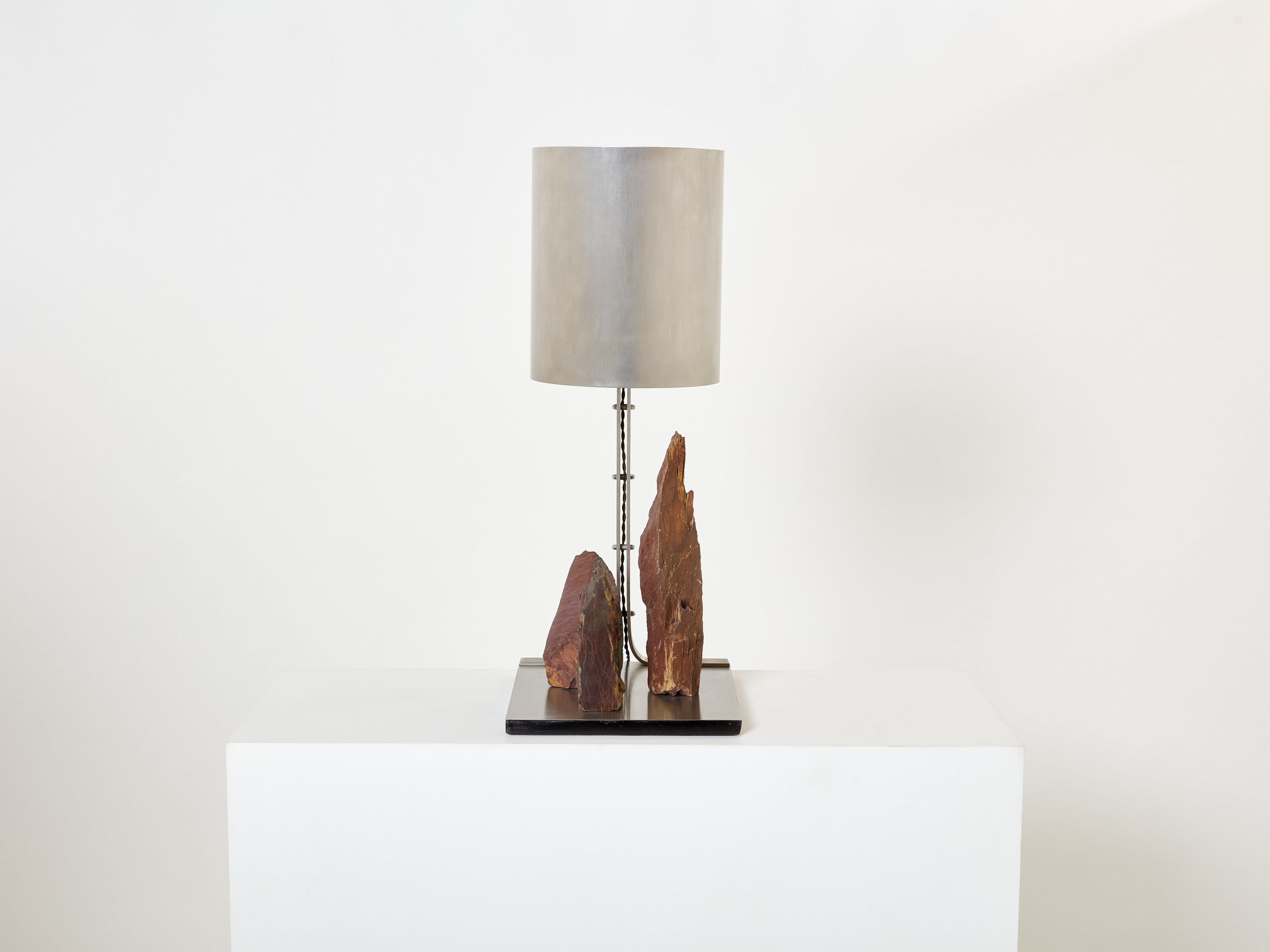 Phillipe Jean brutalist table lamp steel and red shale 1970s