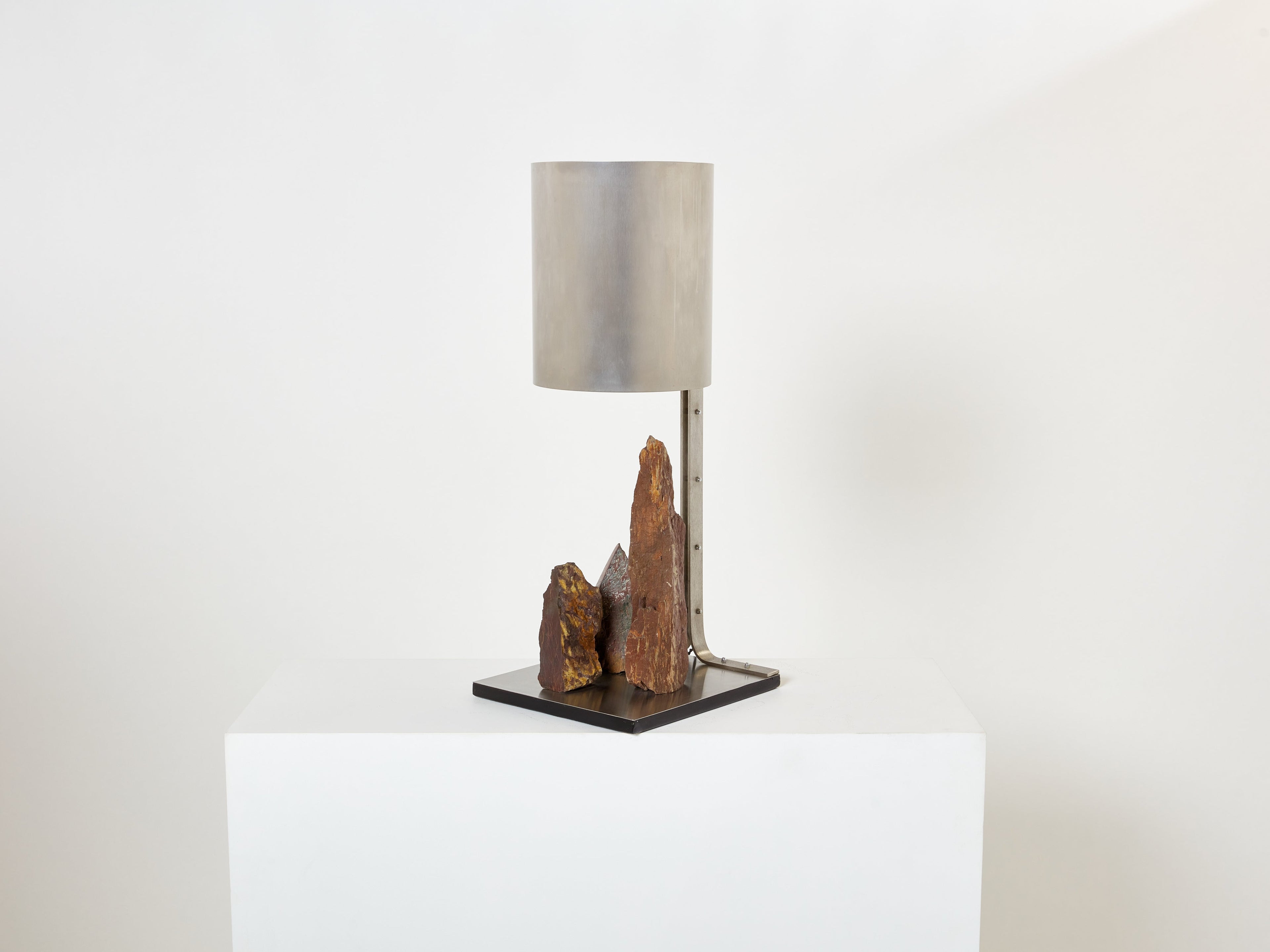 Phillipe Jean brutalist table lamp steel and red shale 1970s