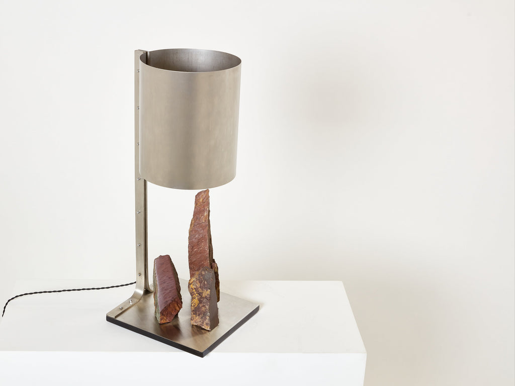 Phillipe Jean brutalist table lamp steel and red shale 1970s