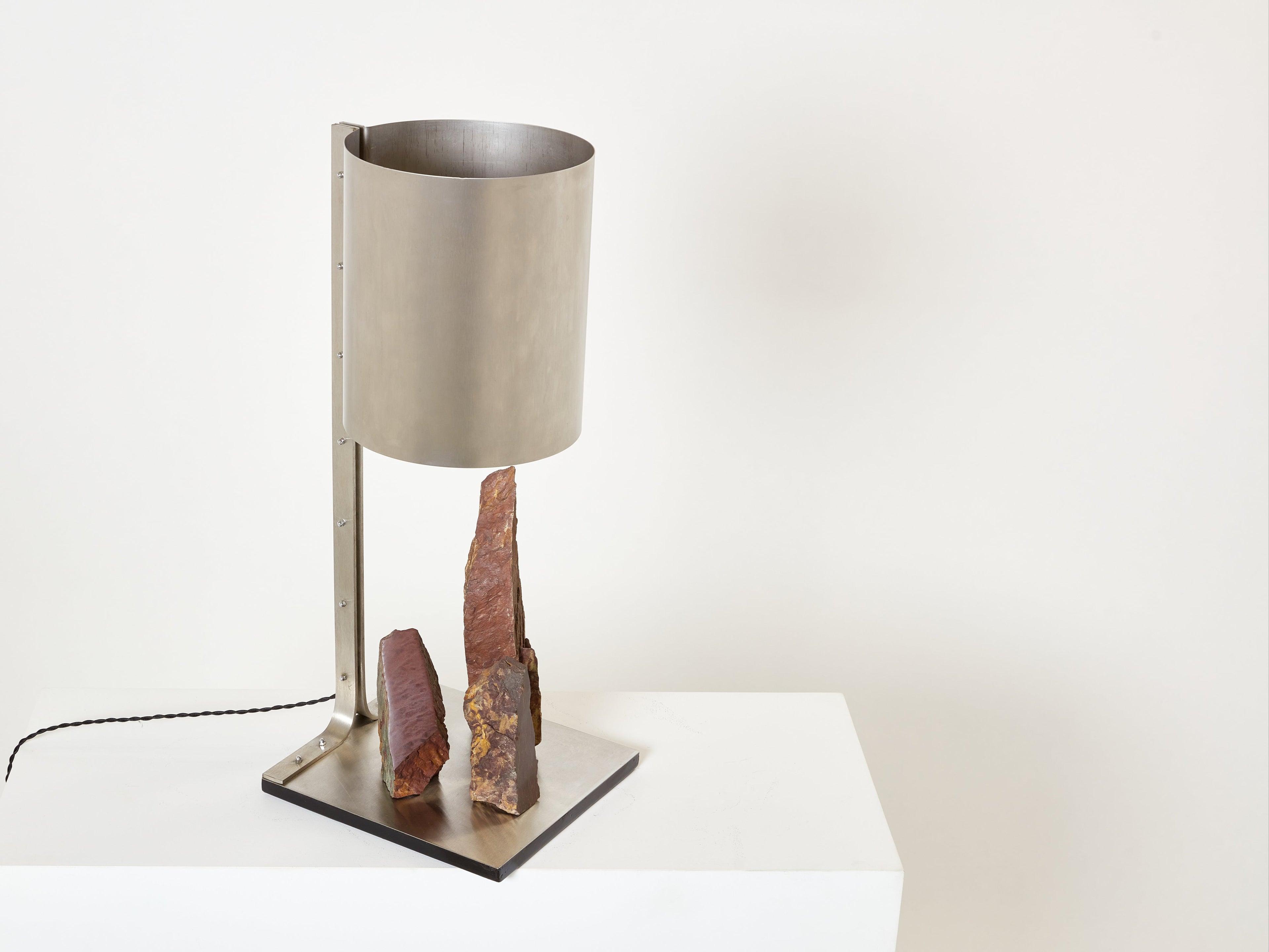 Phillipe Jean brutalist table lamp steel and red shale 1970s