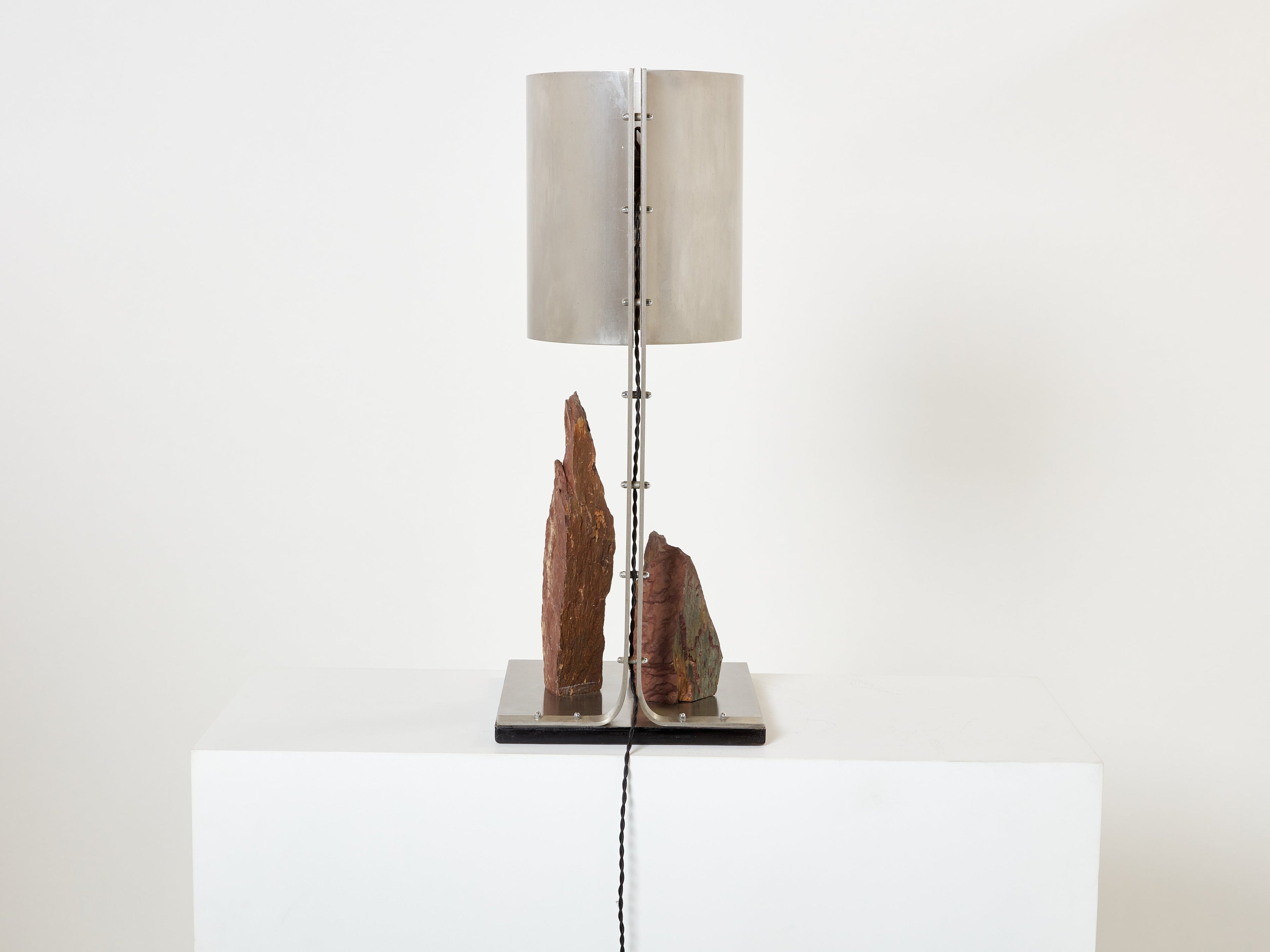 Phillipe Jean brutalist table lamp steel and red shale 1970s