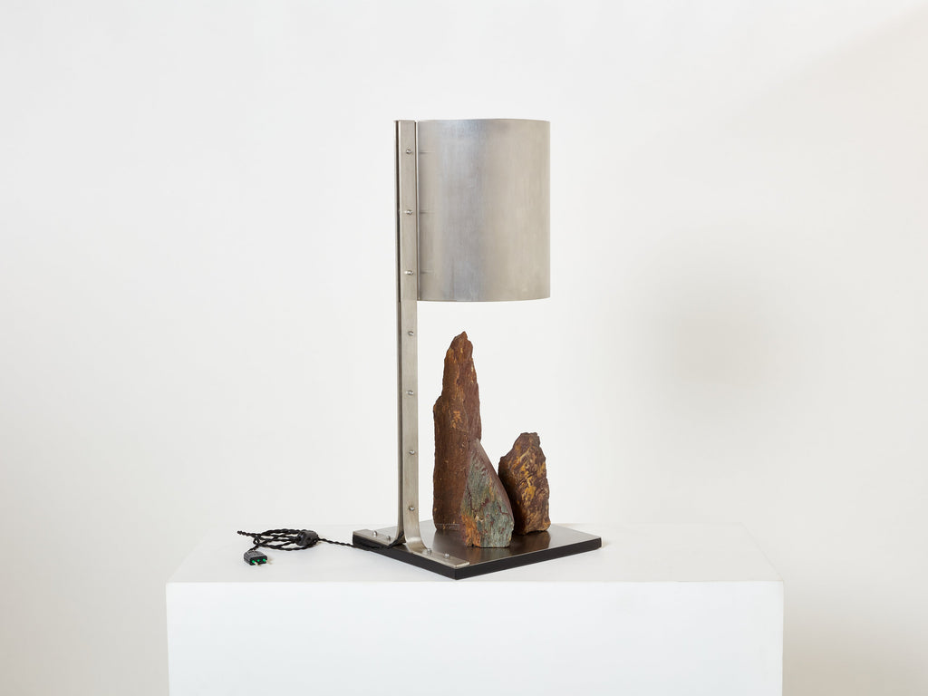 Phillipe Jean brutalist table lamp steel and red shale 1970s
