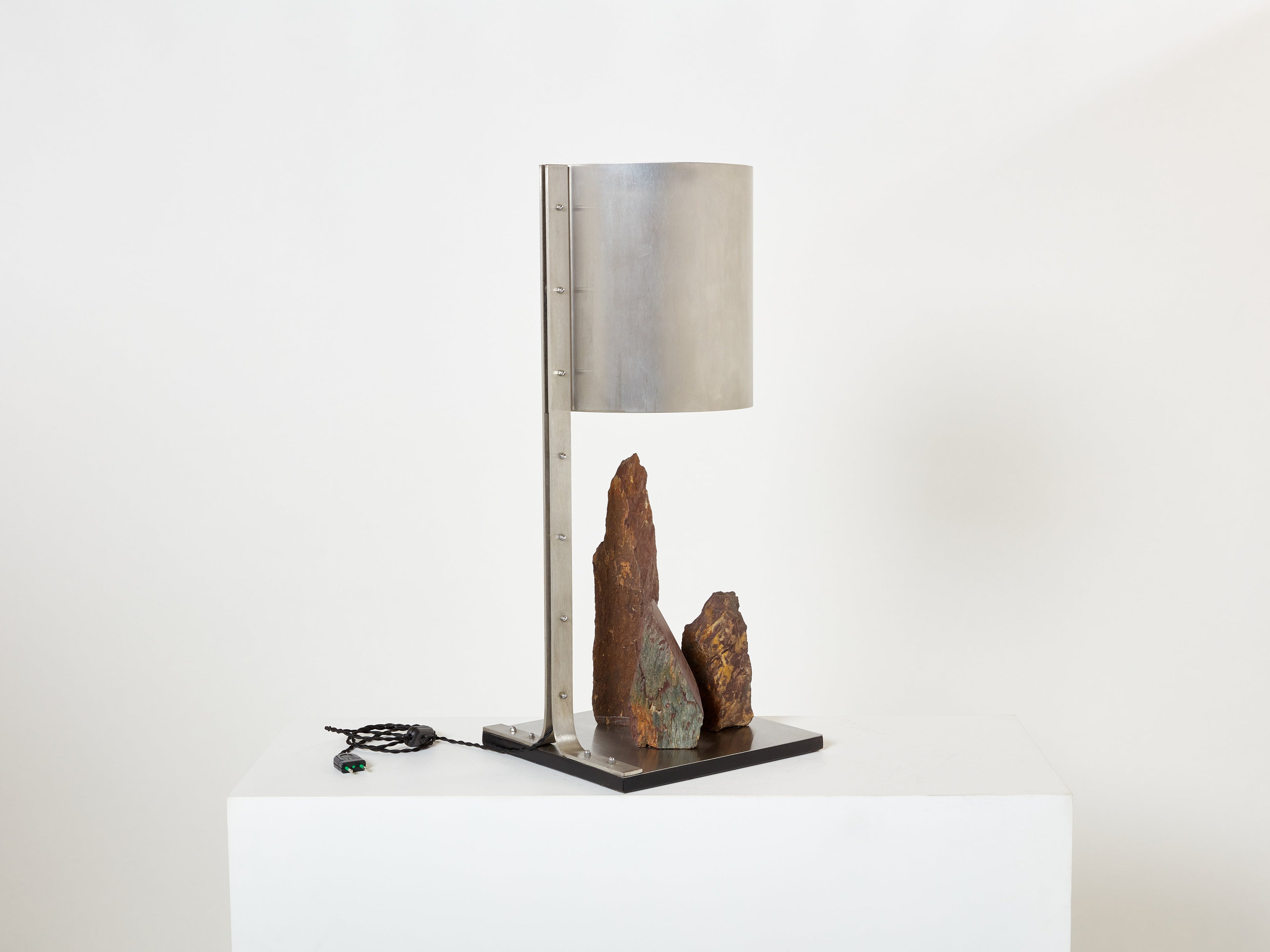 Phillipe Jean brutalist table lamp steel and red shale 1970s