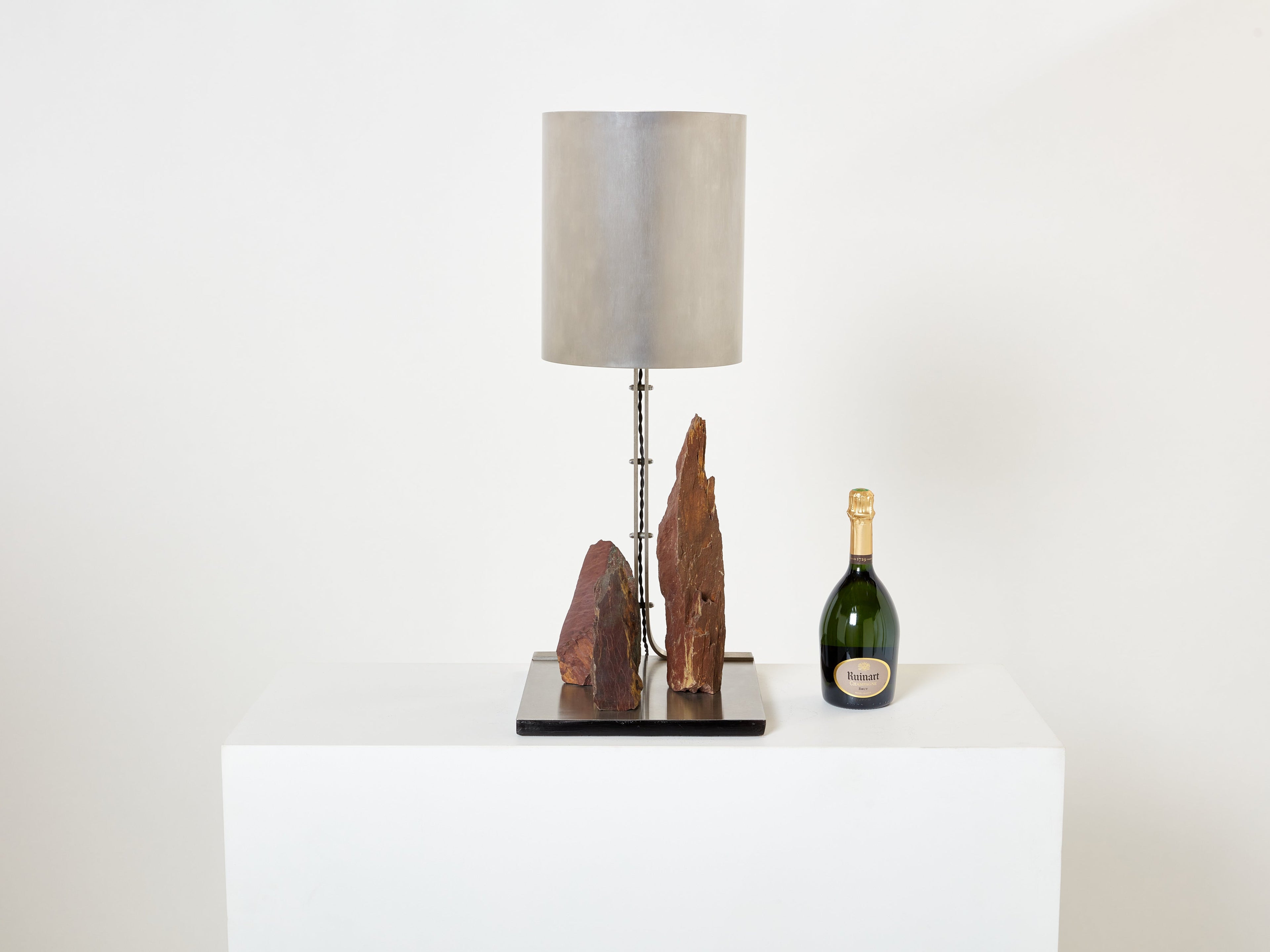 Phillipe Jean brutalist table lamp steel and red shale 1970s