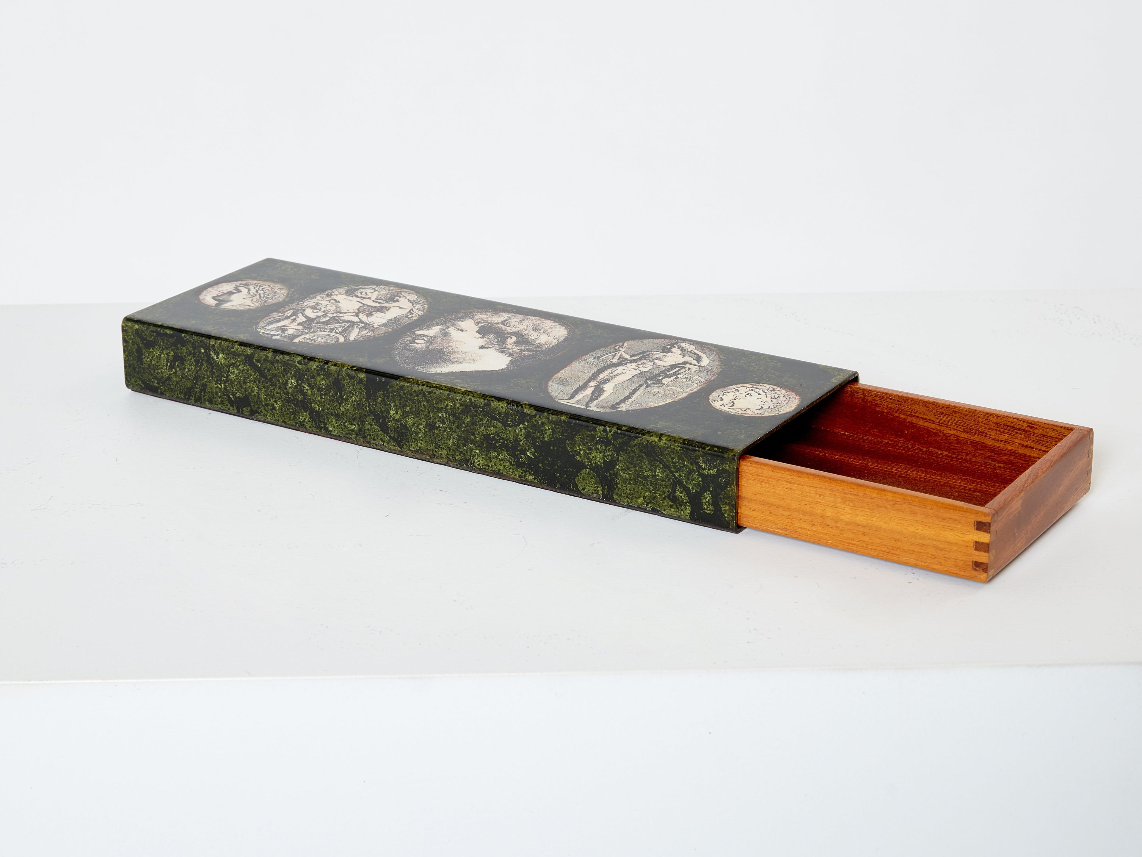 Piero Fornasetti enameled metal and mahogany box 1950