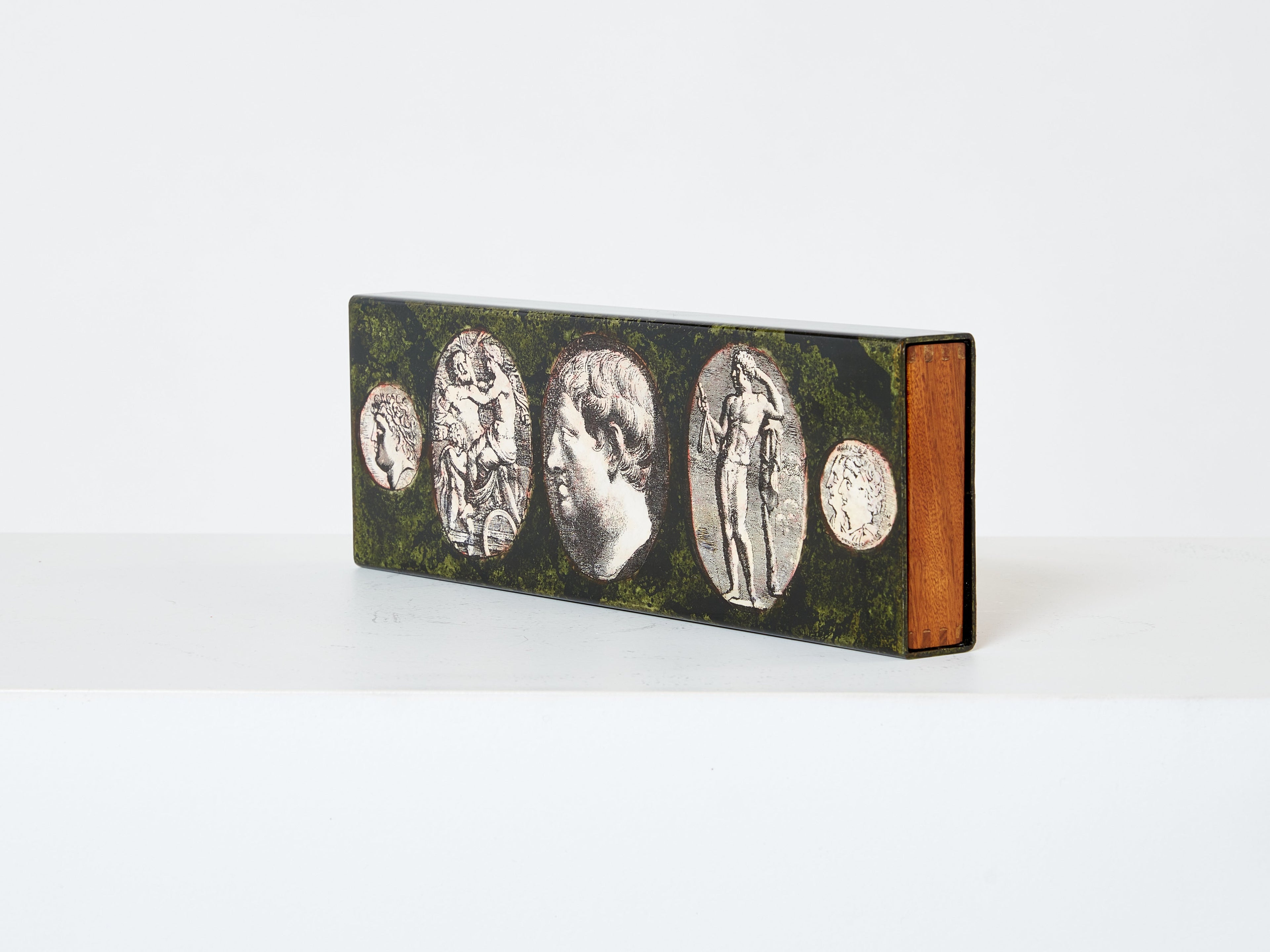 Piero Fornasetti enameled metal and mahogany box 1950