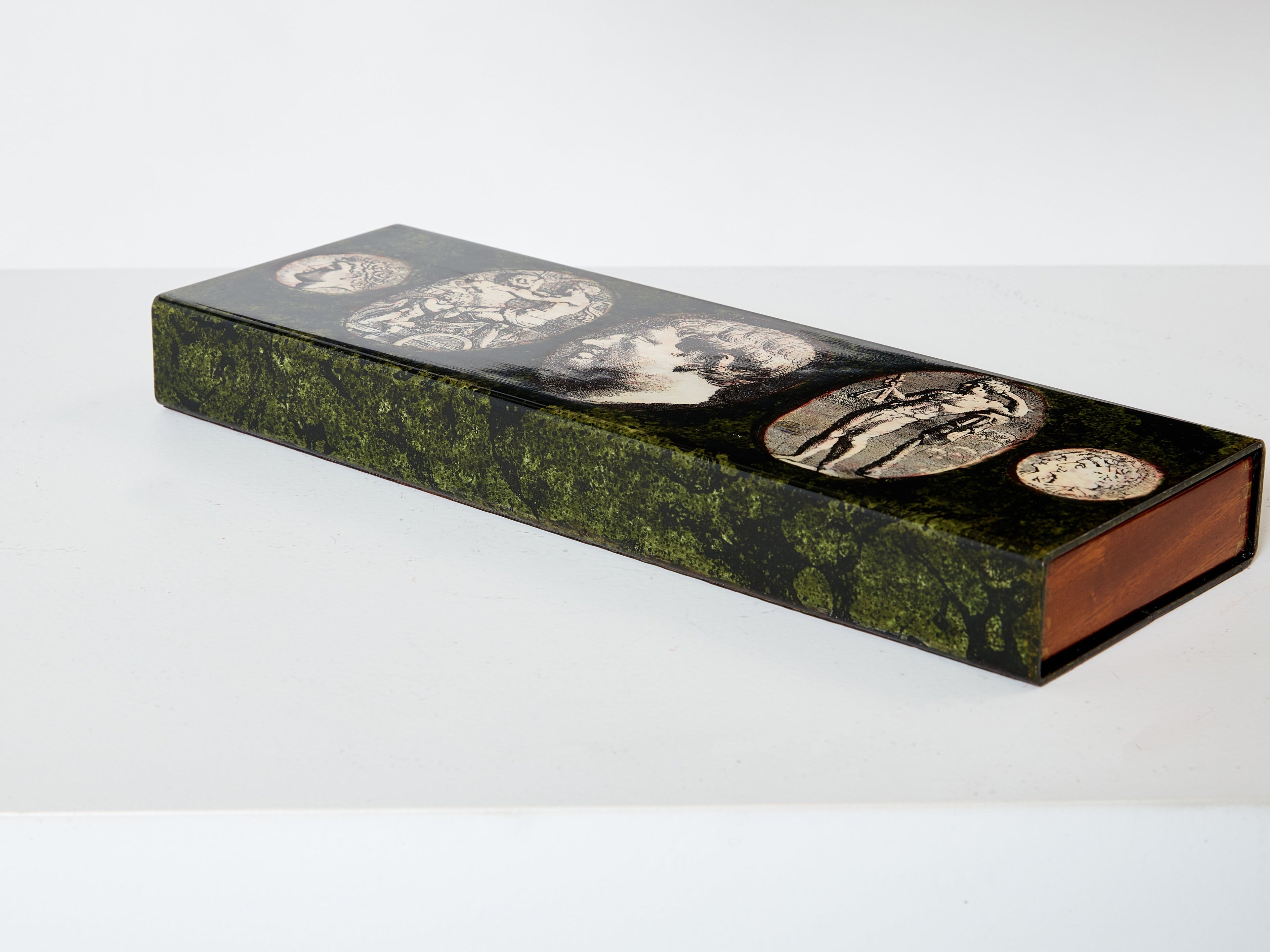 Piero Fornasetti enameled metal and mahogany box 1950