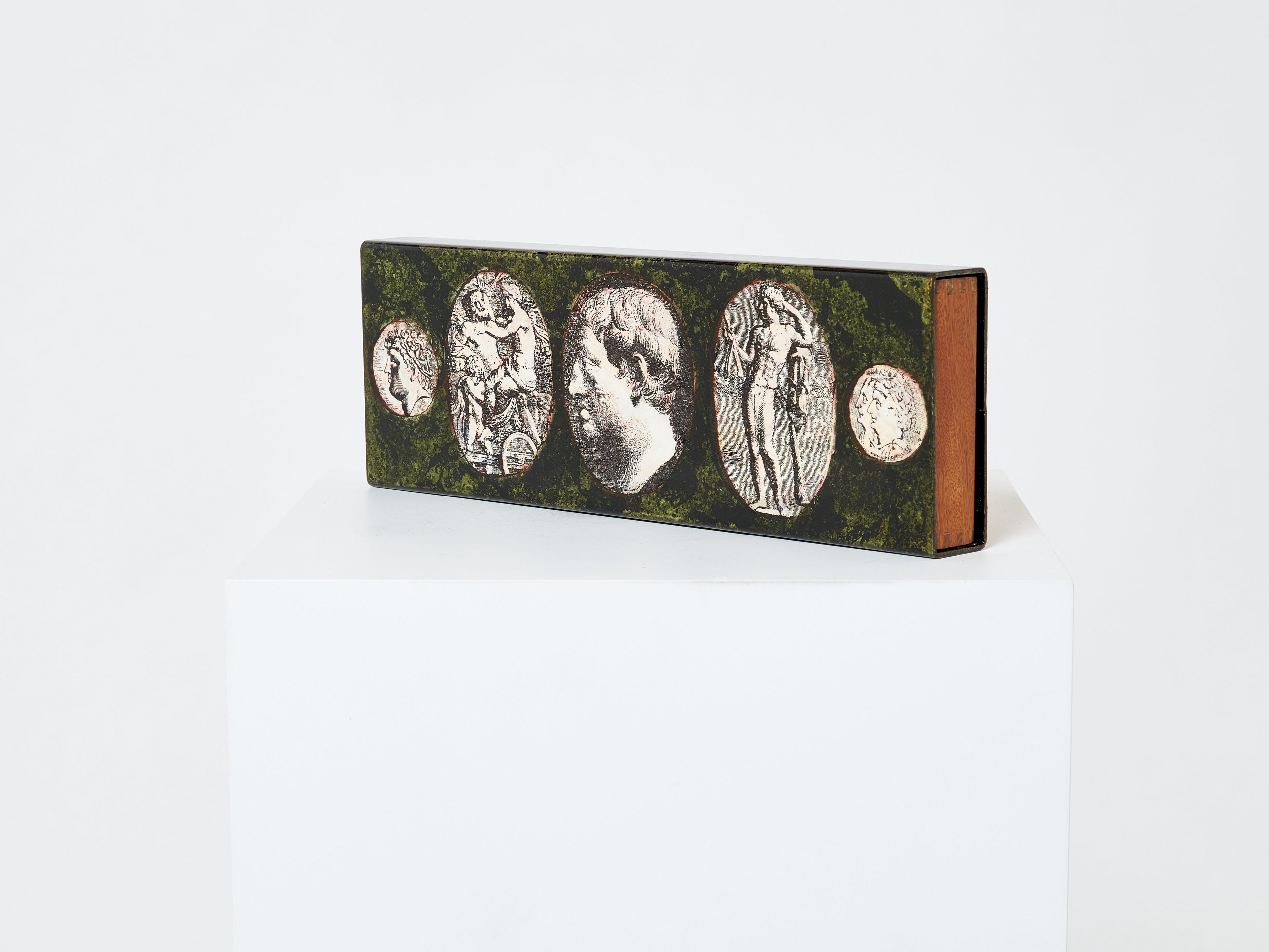 Piero Fornasetti enameled metal and mahogany box 1950