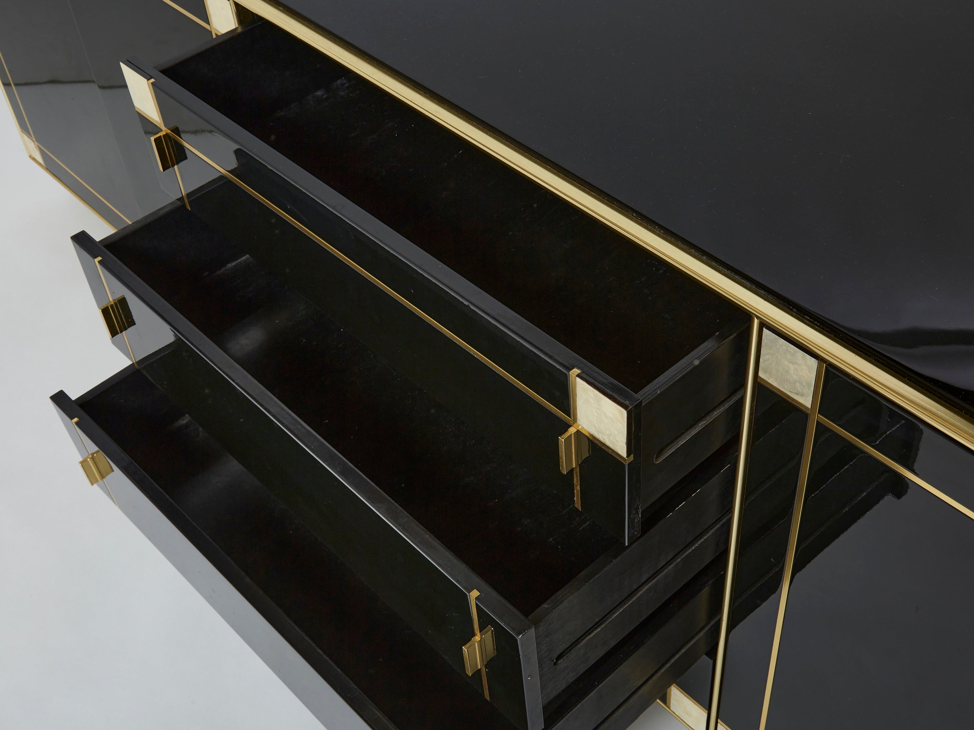 Pierre Cardin sideboard brass black lacquered shell inlays 1980s