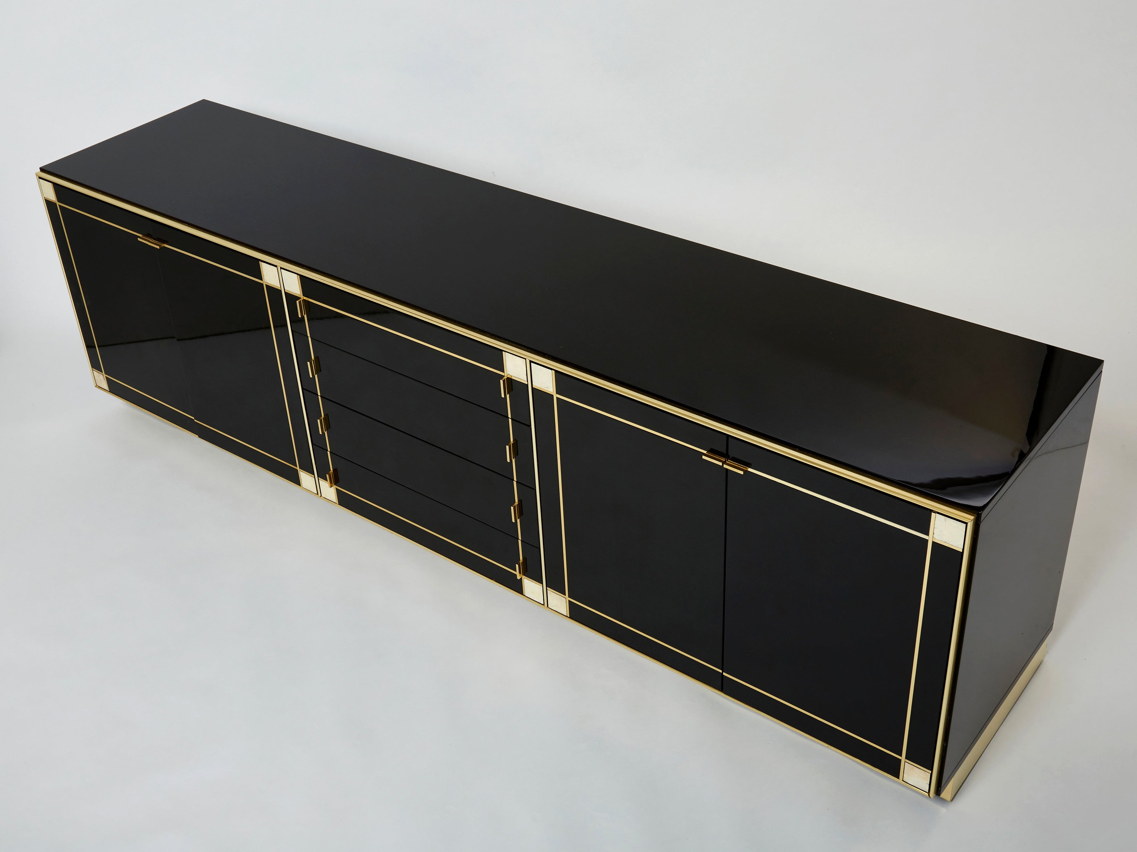 Pierre Cardin sideboard brass black lacquered shell inlays 1980s