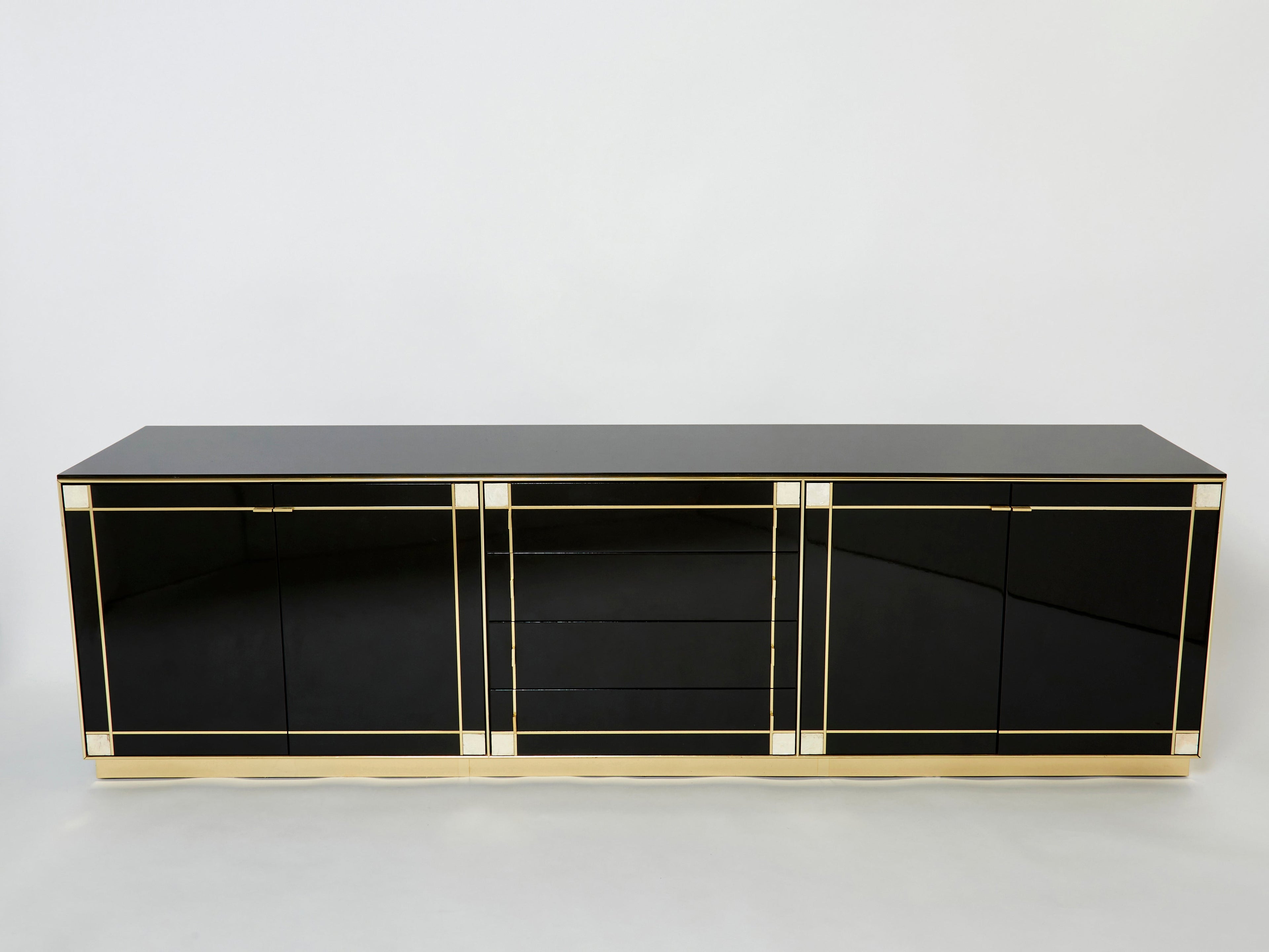 Pierre Cardin sideboard brass black lacquered shell inlays 1980s