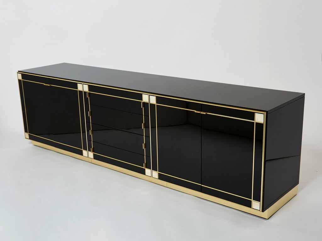 Pierre Cardin sideboard brass black lacquered shell inlays 1980s