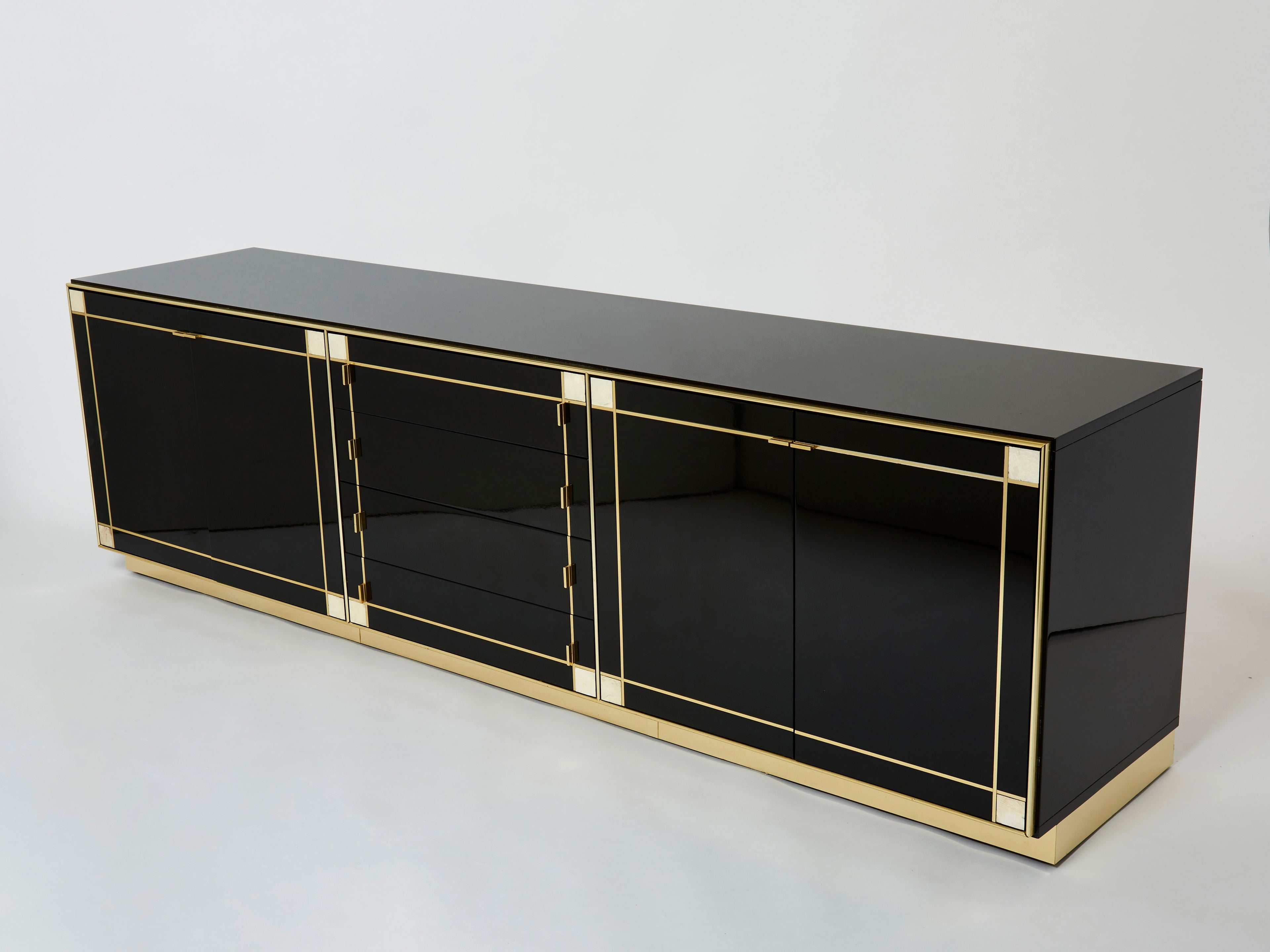 Pierre Cardin sideboard brass black lacquered shell inlays 1980s