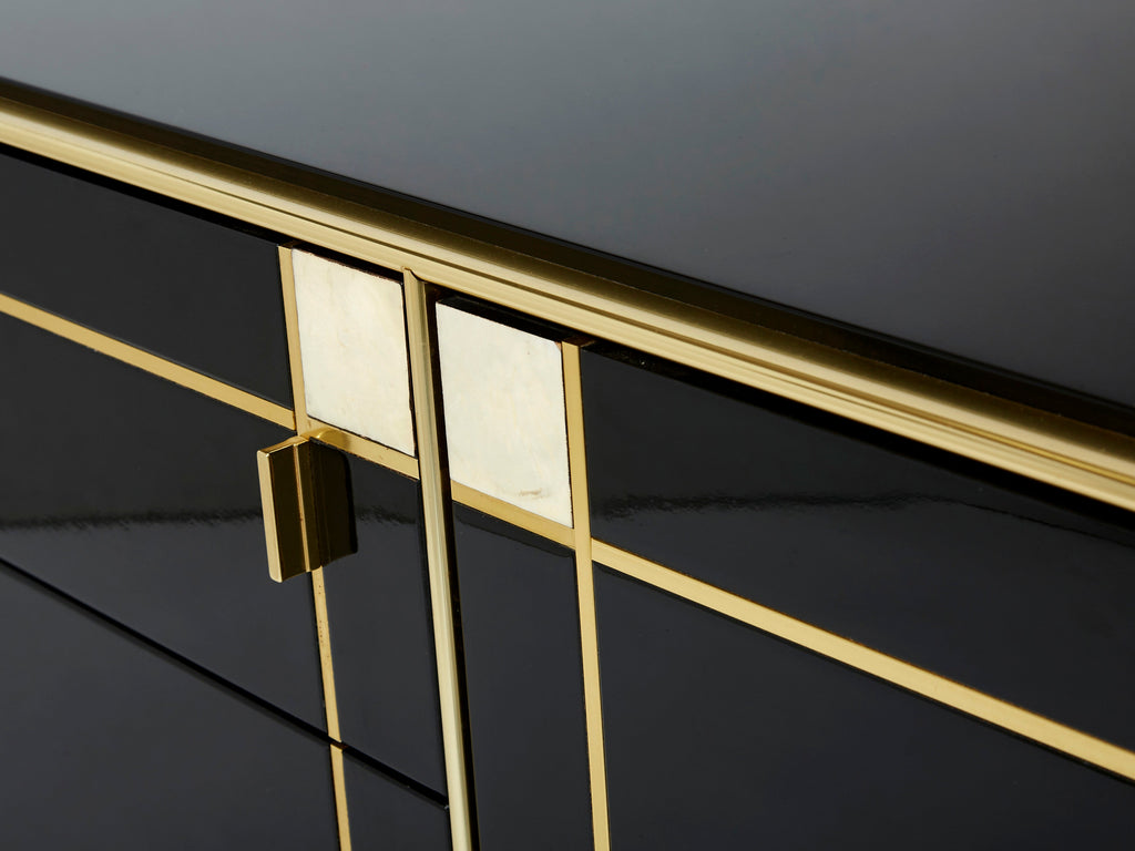 Pierre Cardin sideboard brass black lacquered shell inlays 1980s