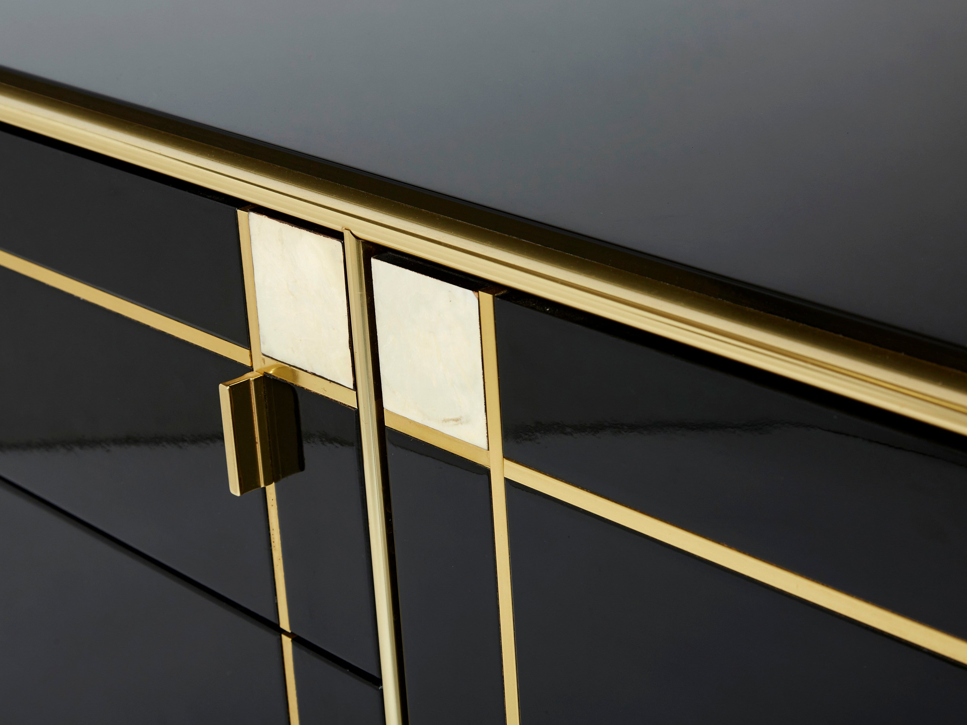 Pierre Cardin sideboard brass black lacquered shell inlays 1980s