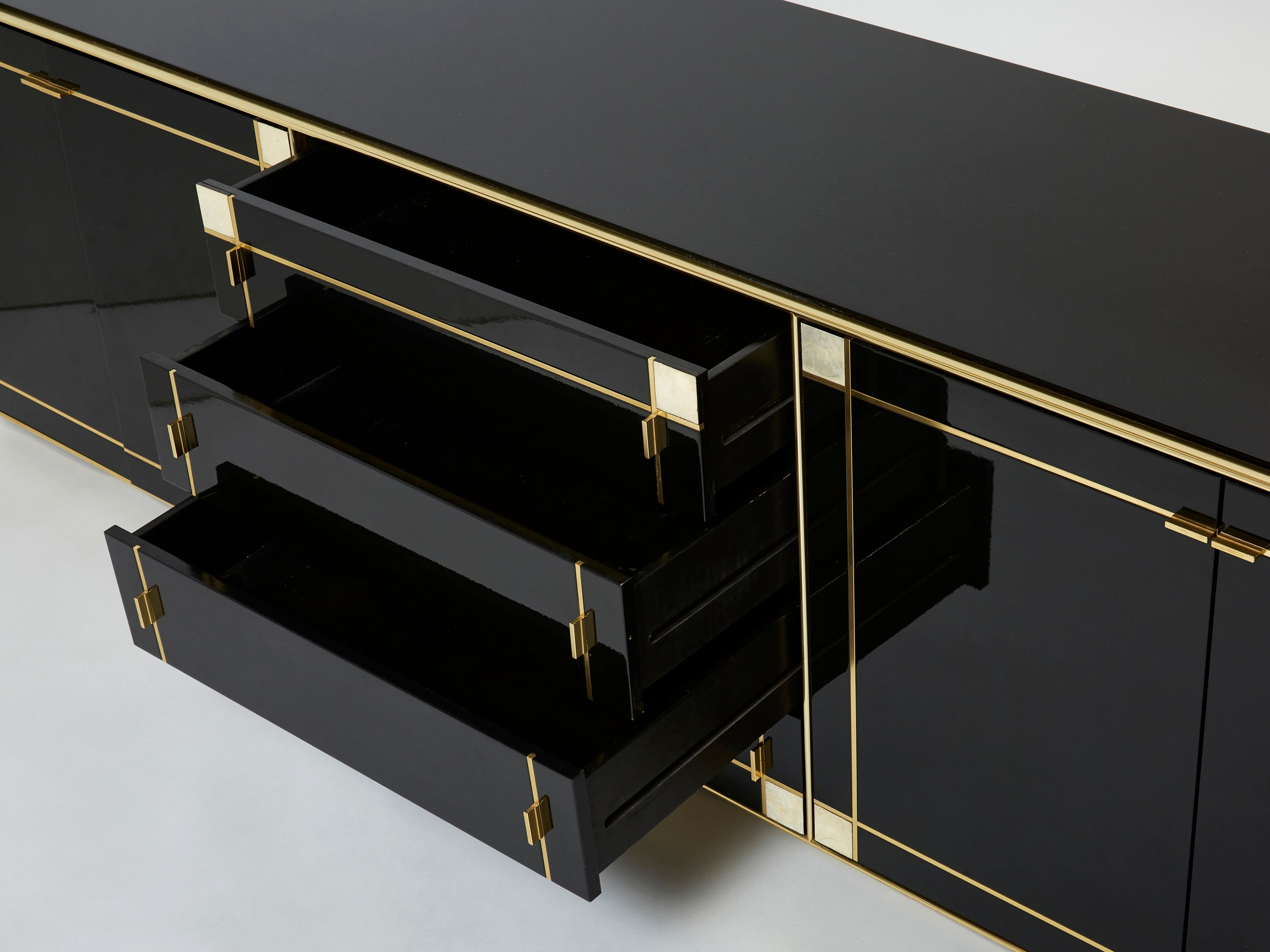 Pierre Cardin sideboard brass black lacquered shell inlays 1980s