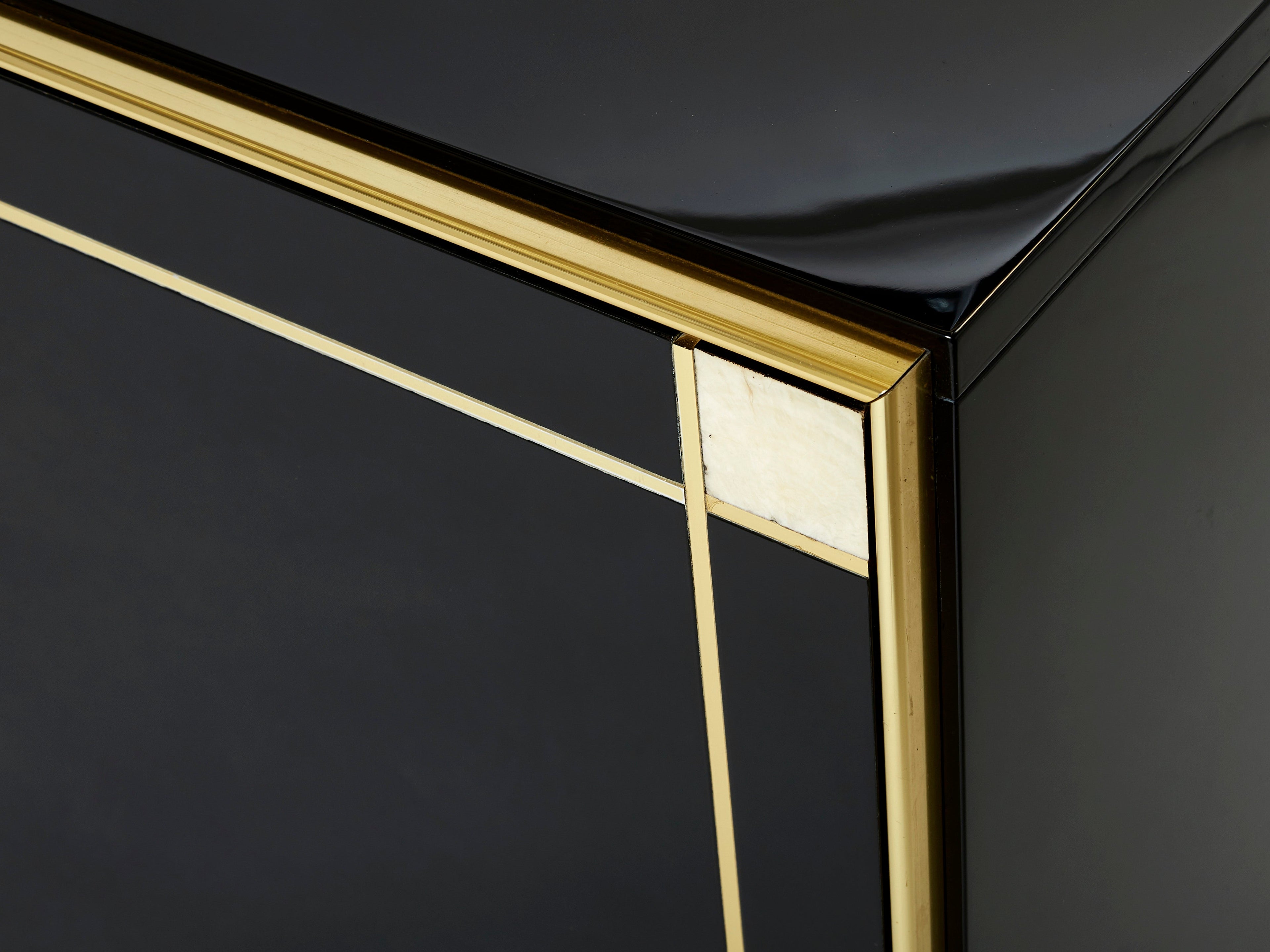 Pierre Cardin sideboard brass black lacquered shell inlays 1980s