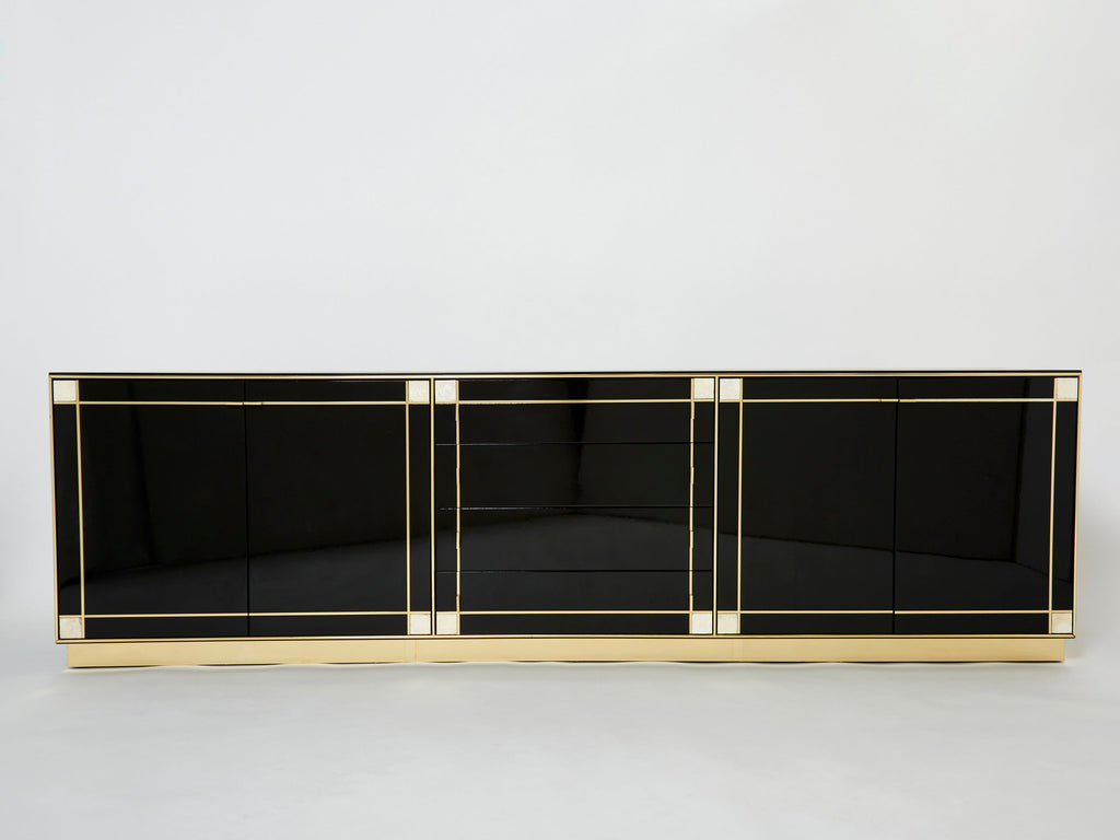 Pierre Cardin sideboard brass black lacquered shell inlays 1980s