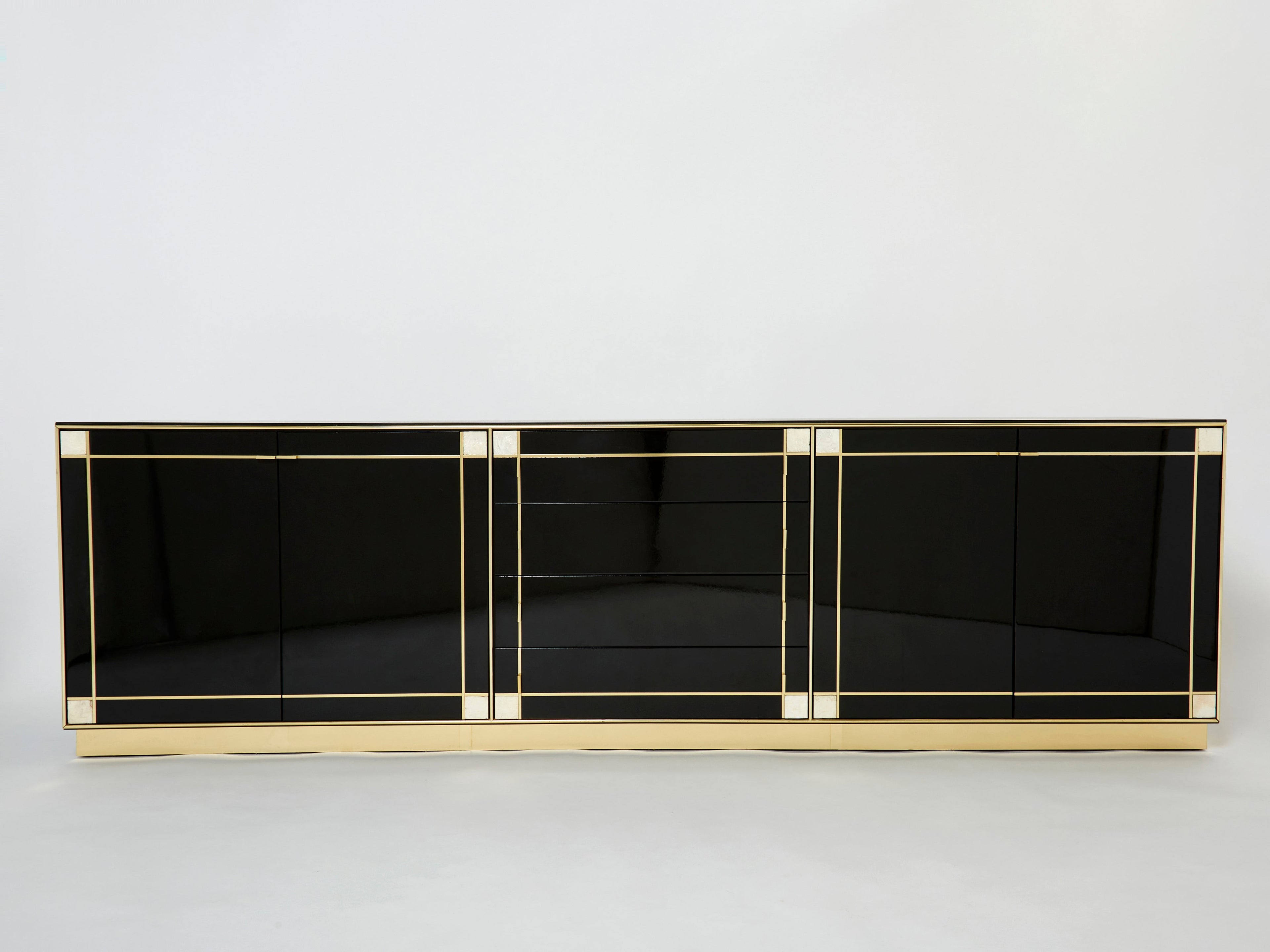 Pierre Cardin sideboard brass black lacquered shell inlays 1980s