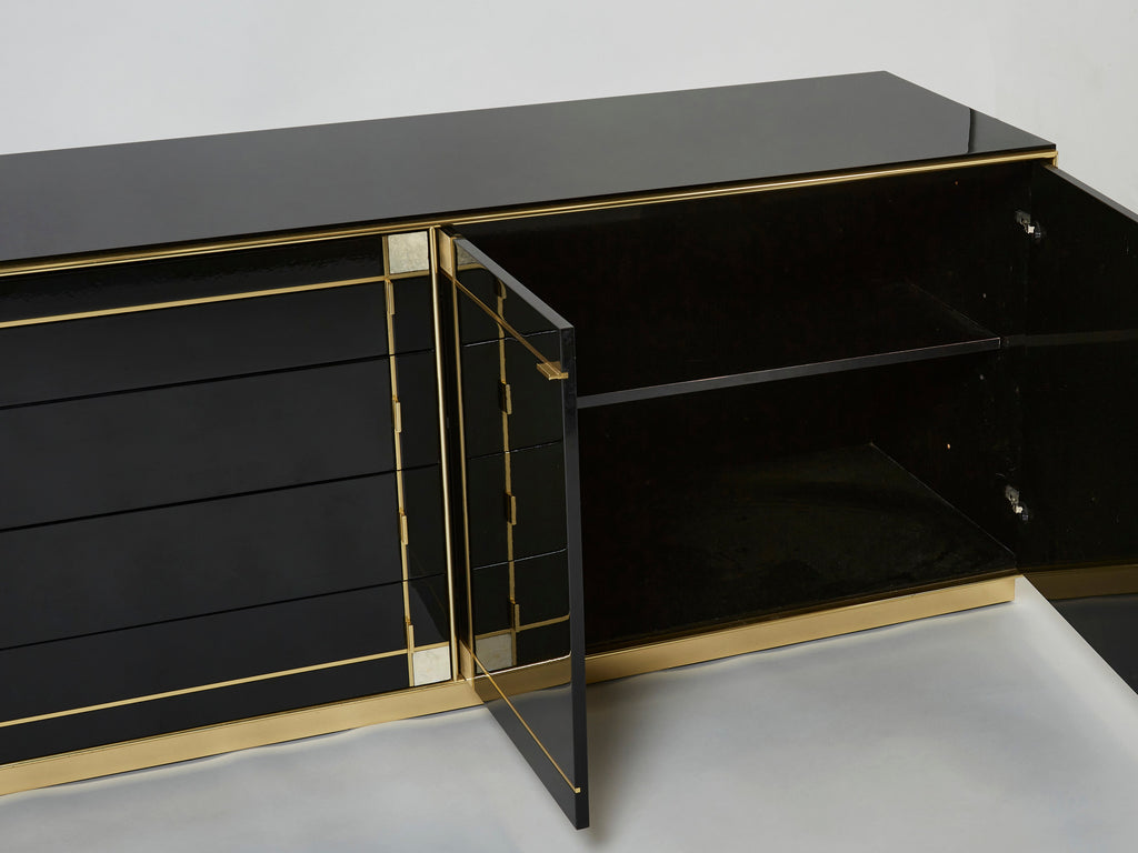 Pierre Cardin sideboard brass black lacquered shell inlays 1980s