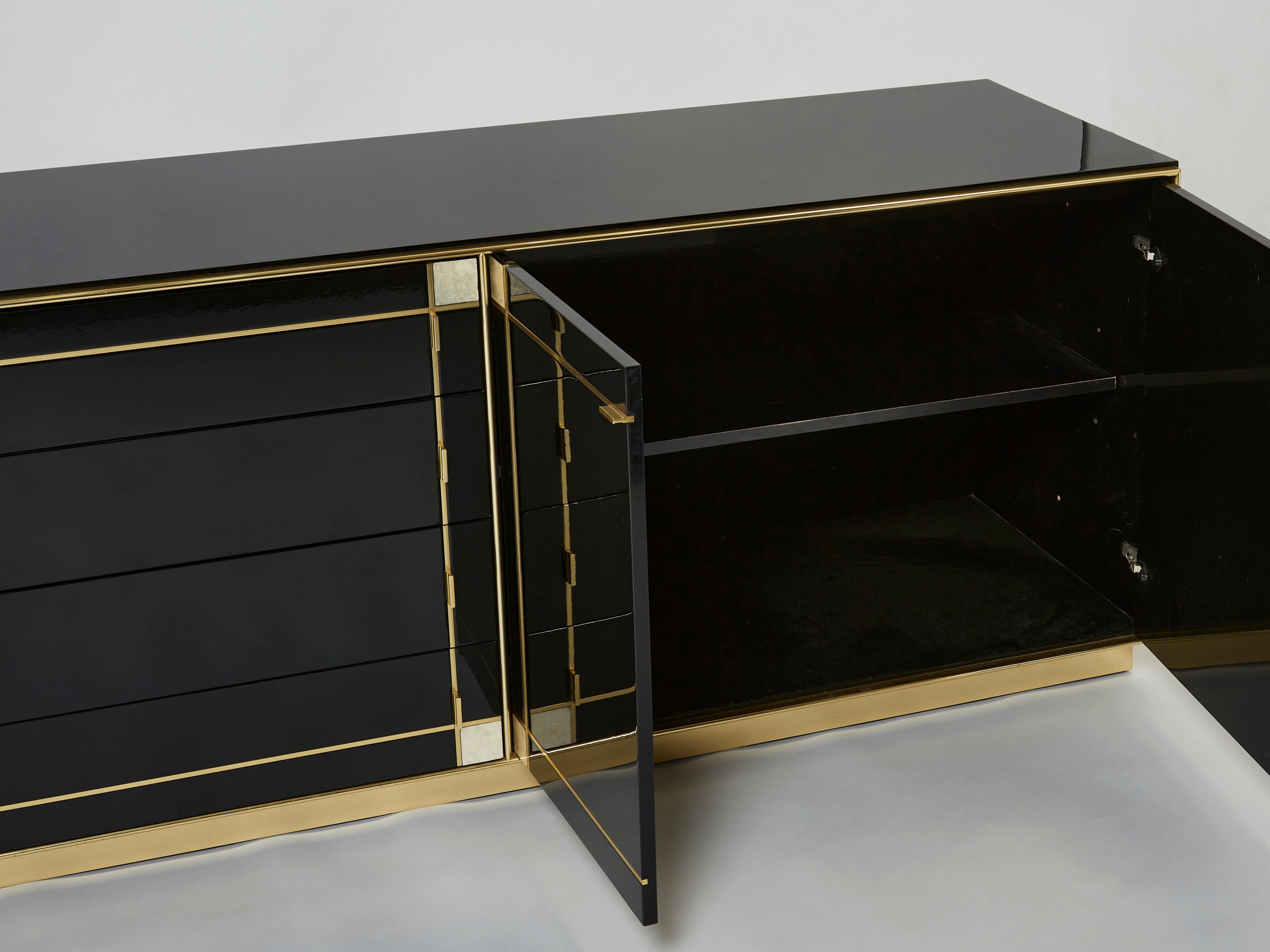 Pierre Cardin sideboard brass black lacquered shell inlays 1980s
