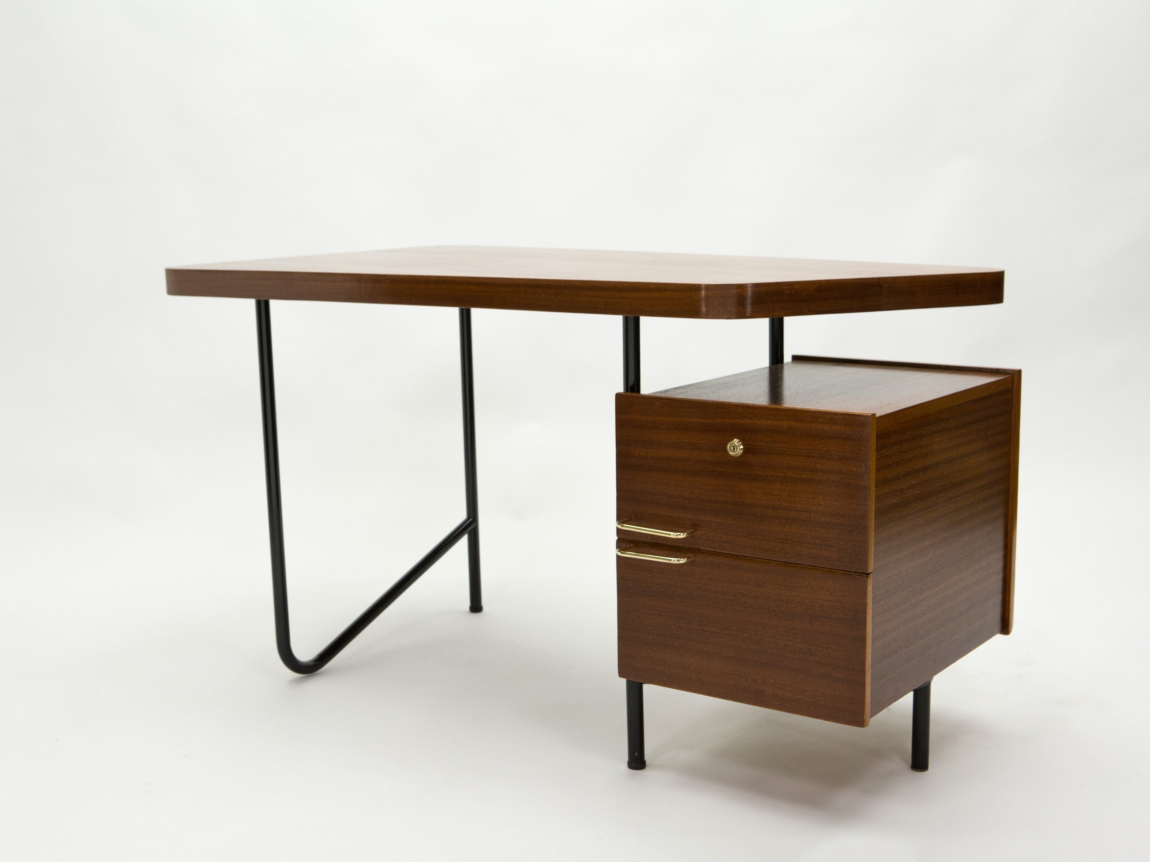 Rare French desk Georges Frydman mahogany black metal brass 1950s