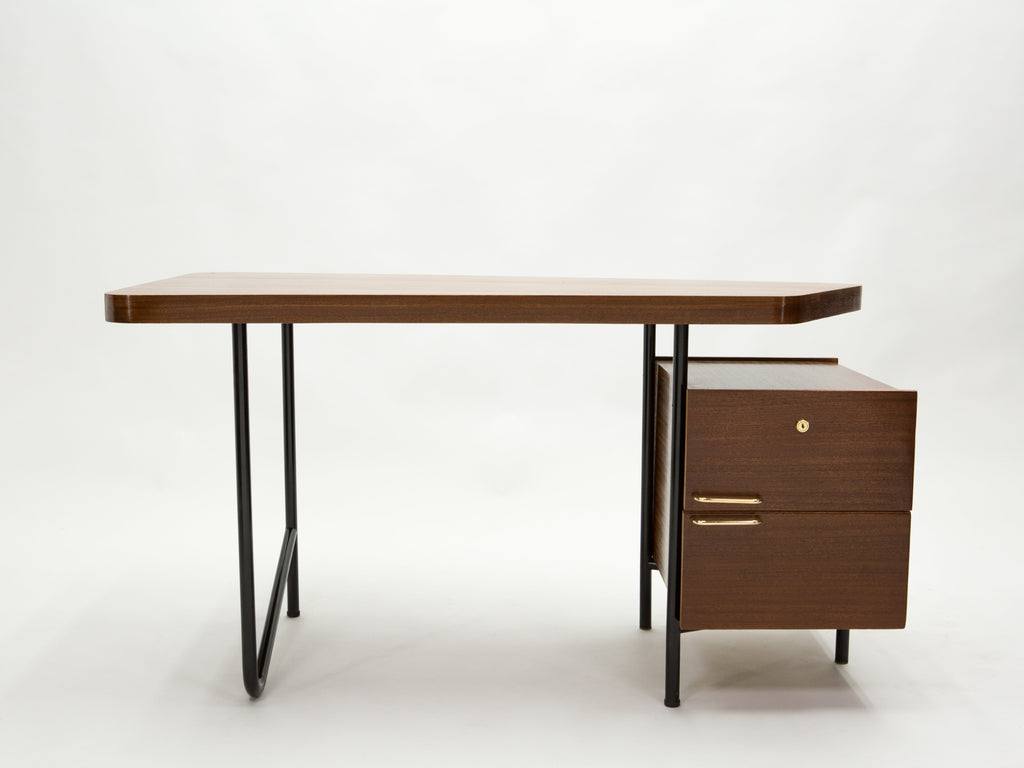Rare French desk Georges Frydman mahogany black metal brass 1950s