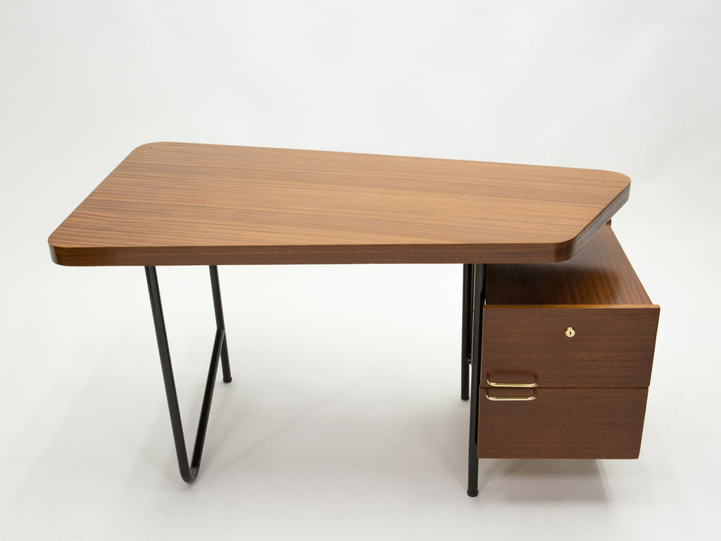 Rare French desk Georges Frydman mahogany black metal brass 1950s